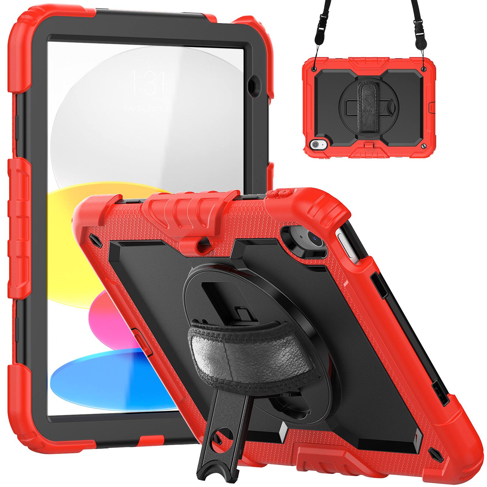 Angle. Dteck - For Apple iPad 11"(A16 chip 2025)&iPad 10th 2022 Three-Layer Kickstand Shoulder Strap Case Built-in Screen Protector - Red.