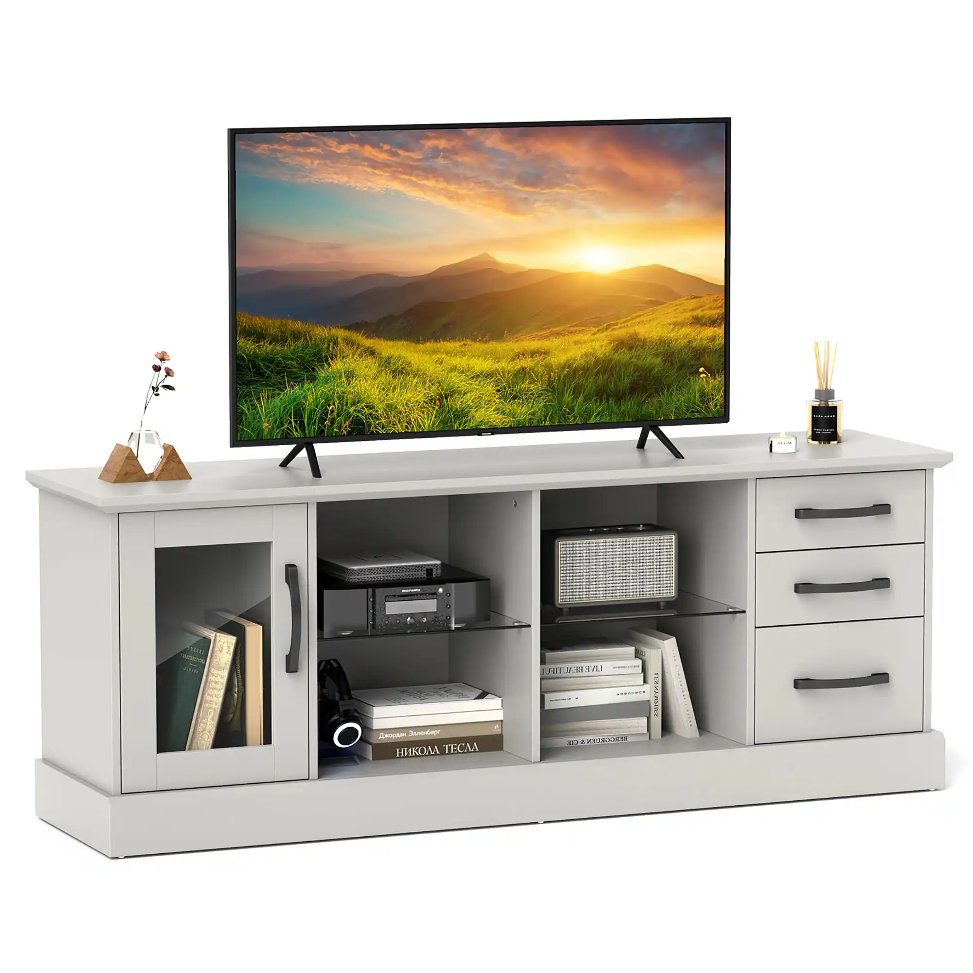 Gymax - 63'' Media Console Table w/ 3 Drawers 2 Glass Shelves Cable Holes for Living Room - Gray