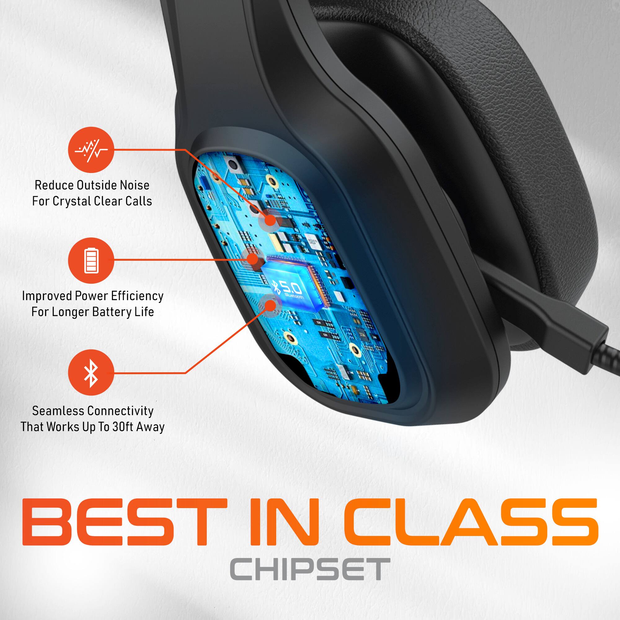 Reduce Outside Noise For Crystal Clear Calls, Improved Power Efficiency For Longer Battery Life, Seamless Connectivity That Works Up To 30ft Away, BEST IN CLASS CHIPSET