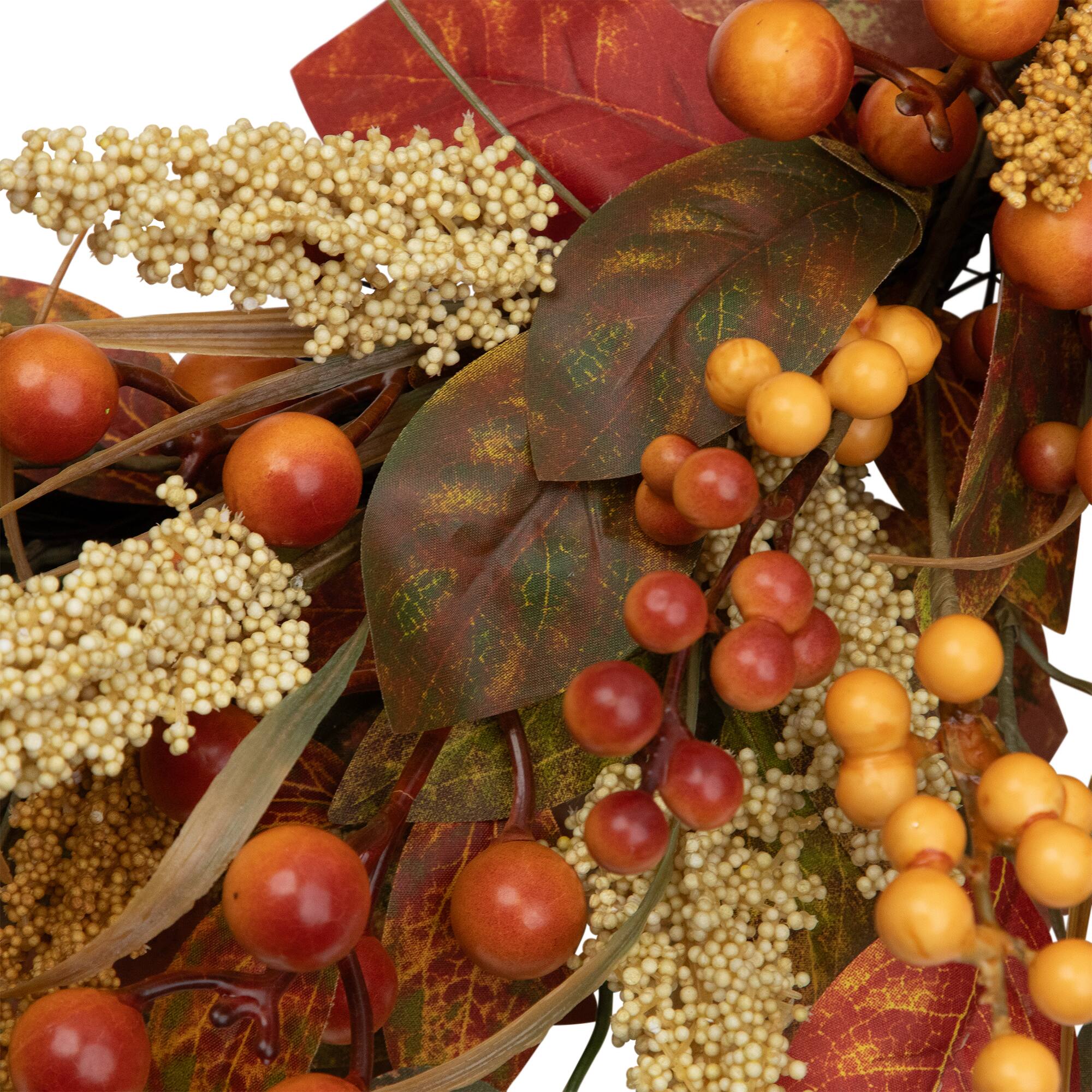 Alt View 8. Northlight - Autumn Leaves, Grass Blades and Berries Artificial Fall Harvest Wreath - 24" - Orange.