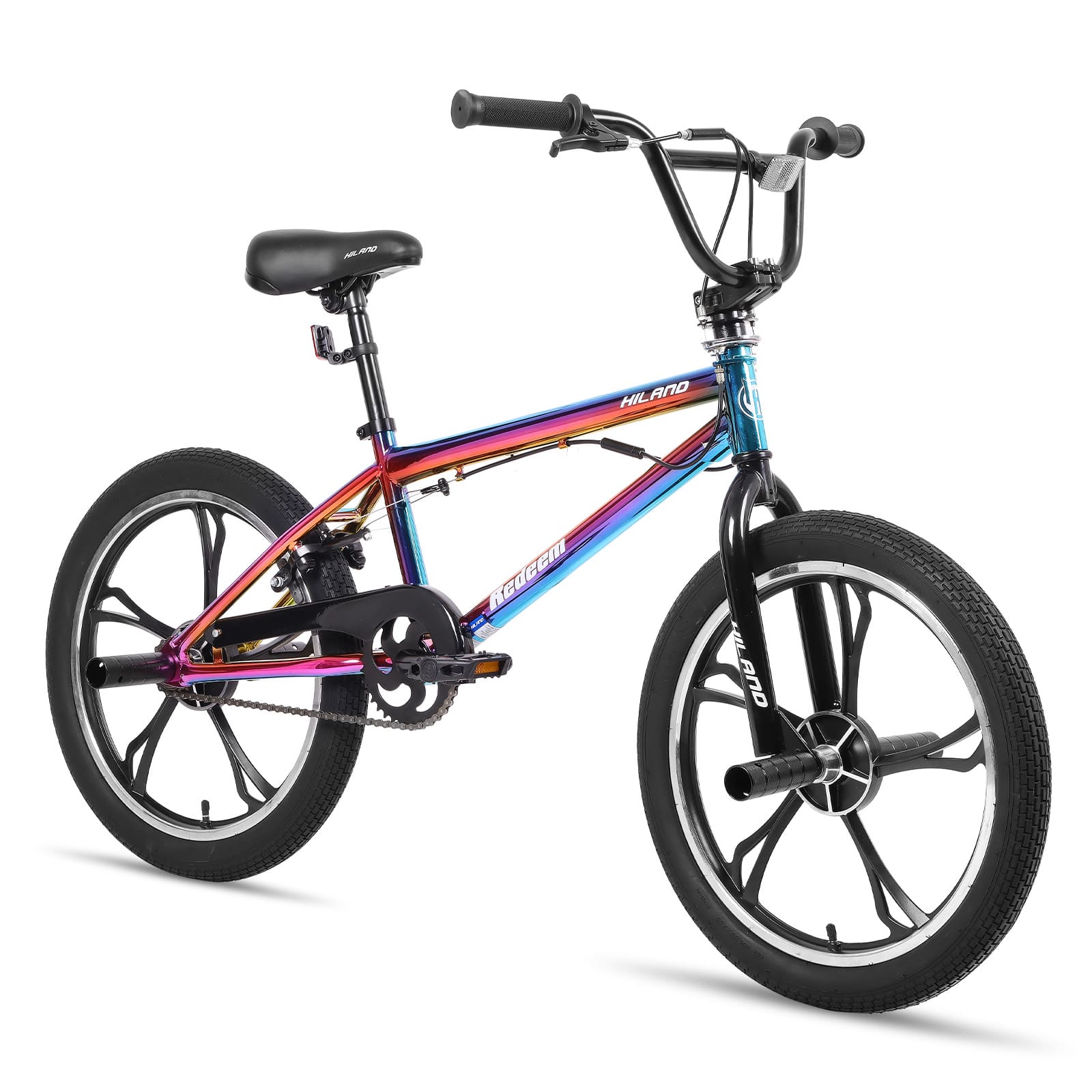 HILAND - 20 Inch KIDS BMX with 5 Spoke for Boys Girls, High Carbon Steel Frame, 4 Pegs 360 Degree Gyro - Rainbow
