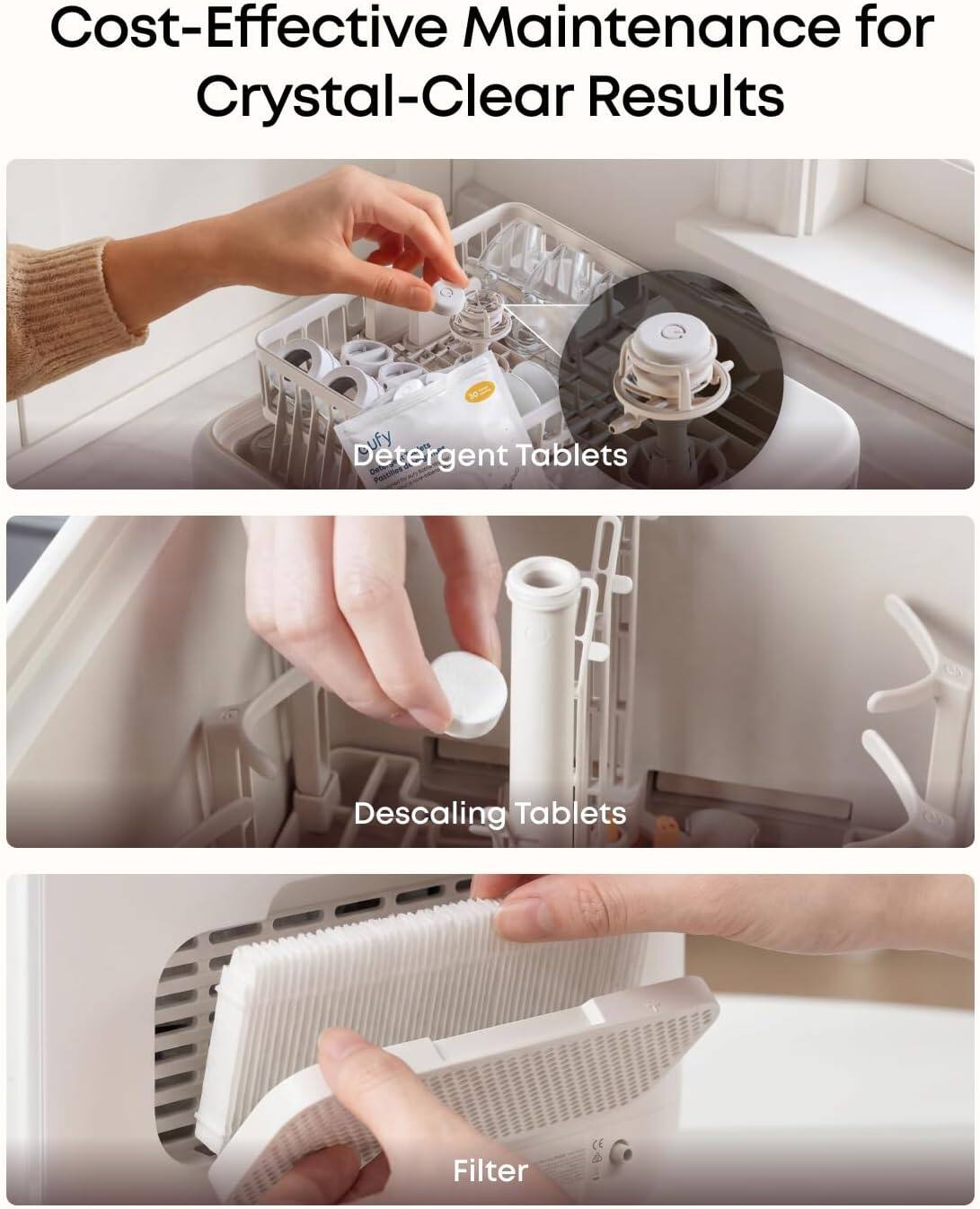 Cost-Effective Maintenance for Crystal-Clear Results

- Detergent Tablets
- Descaling Tablets
- Filter