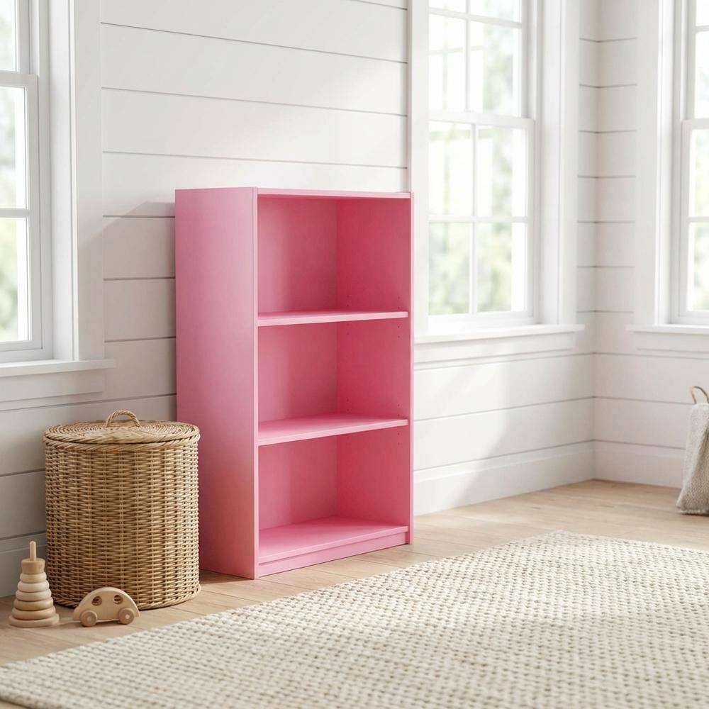 Angle. FurniFact - Pink 3-Tier Adjustable Shelf Bookcase with Sturdy Wood Construction - Pink.