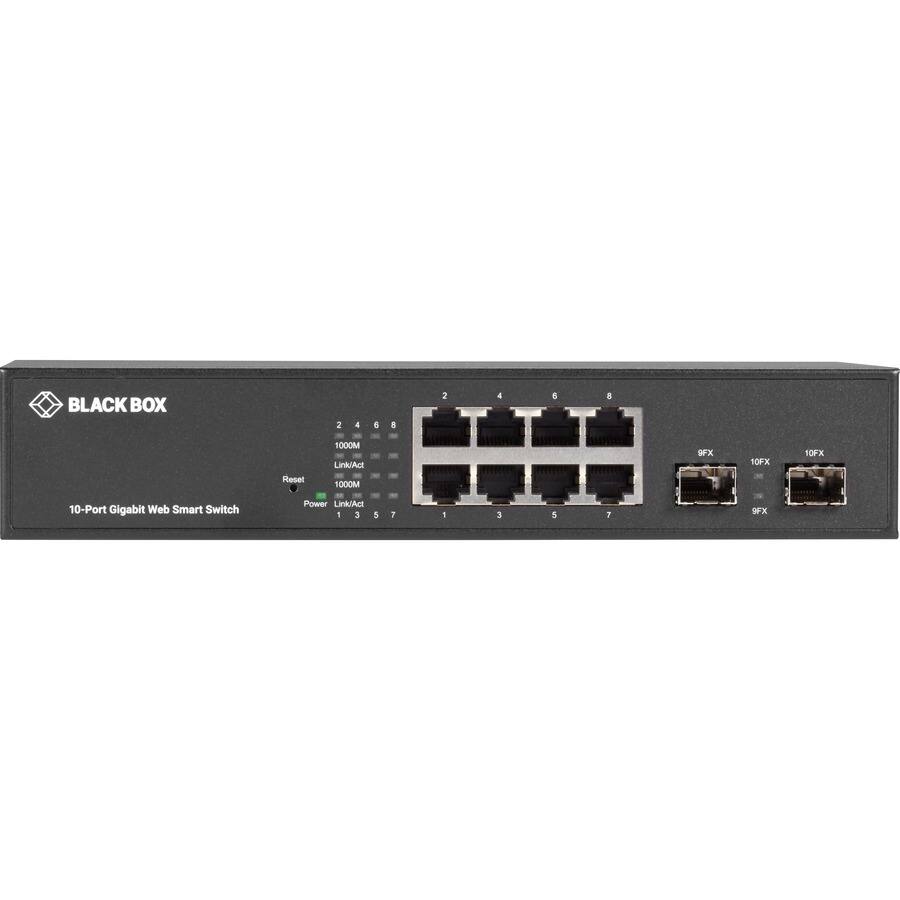 BLACK BOX  
2468 4  
2  
4  
6  
8  
Reset  
1000M Link/Act 1000M  
9FX  
10FX  
10FX  
10-Port Gigabit Web Smart Switch  
Power Link/Act 1 3 5  
1  
1  
3  
5  
7  
9FX
