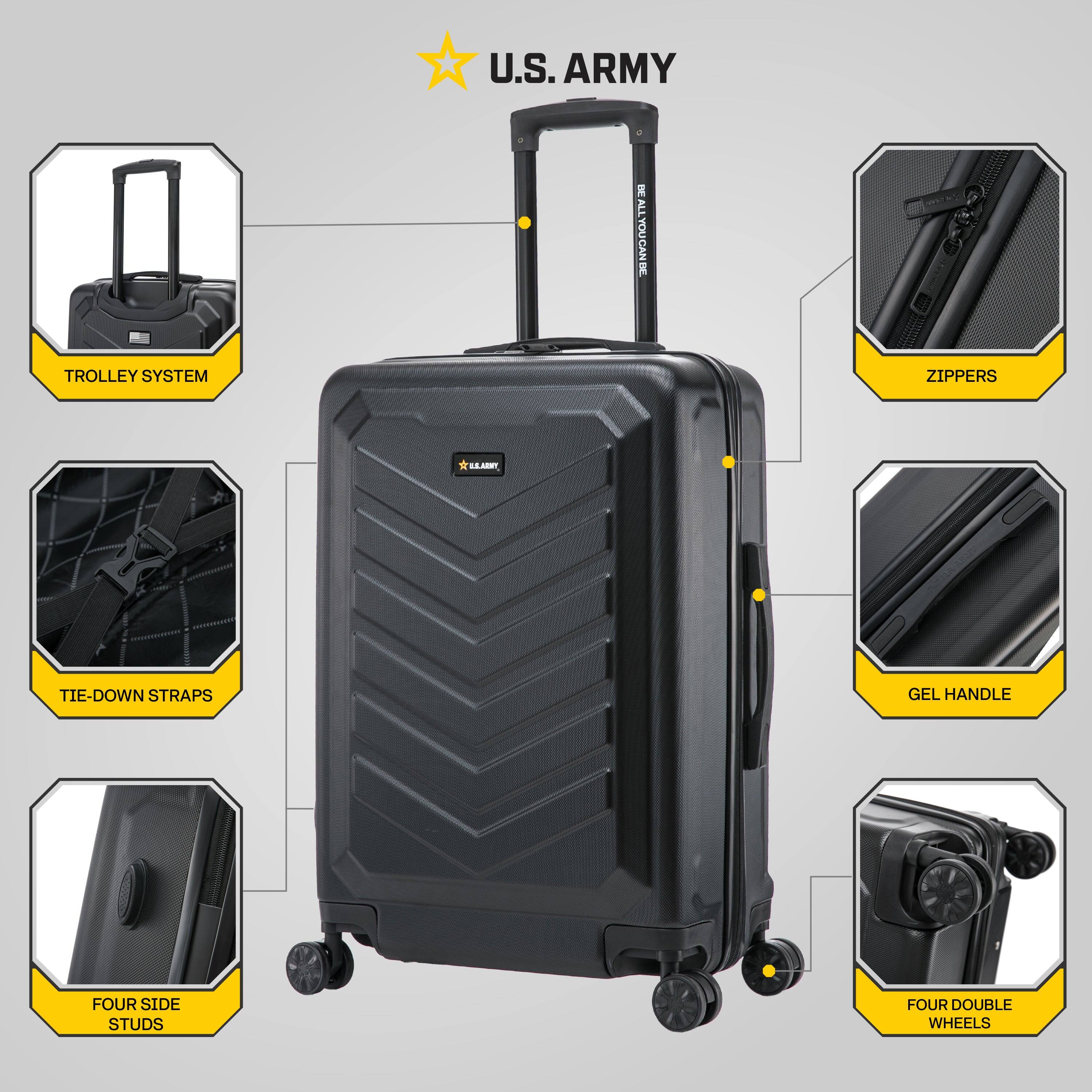 U.S. ARMY

- TROLLEY SYSTEM
- ZIPPER
- TIE-DOWN STRAPS
- FOUR SIDE STUDS
- GEL HANDLE
- FOUR DOUBLE WHEELS