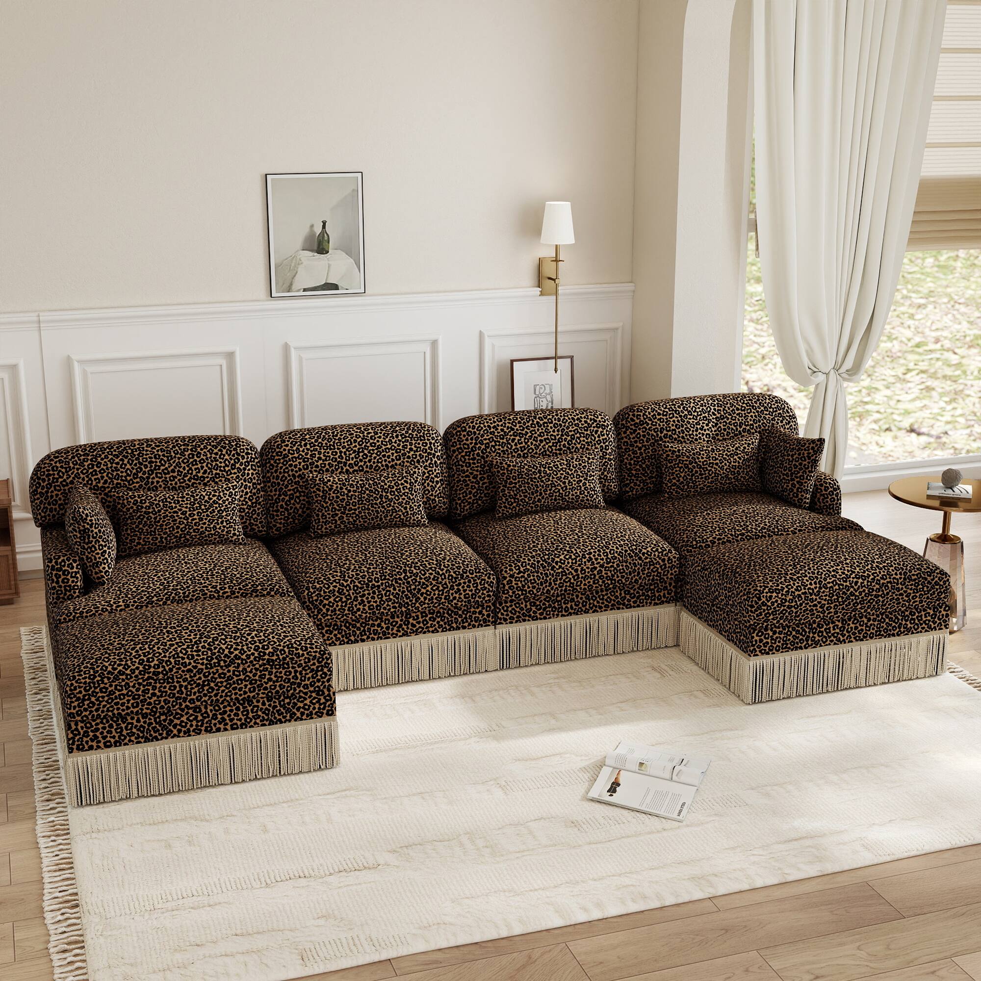 Left. Anysun - 131" Comfy Chenille Leopard Print U-Shaped Modern Fashion Sofa – Delicate Tassel Edge, Movable Ottomans, Easy Assembly - Brown.
