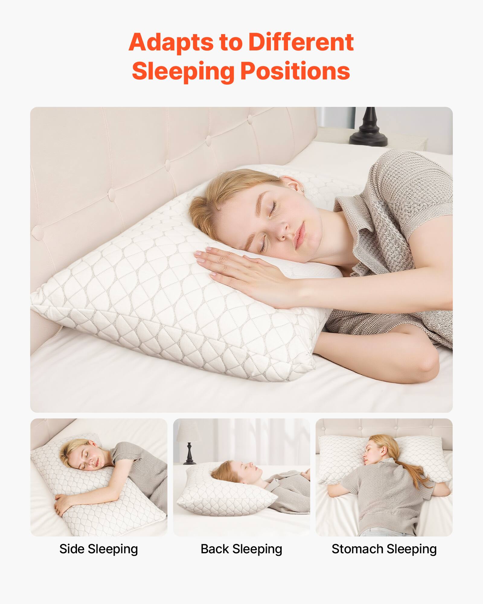 Adapts to Different Sleeping Positions

Side Sleeping  
Back Sleeping  
Stomach Sleeping