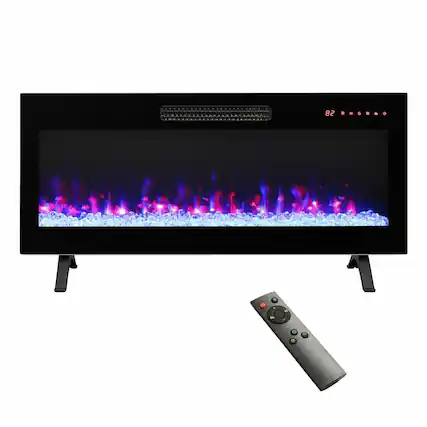 Front. RYHNUYNE - 36 Inch Recessed Ultra Thin Tempered Glass Front Wall-Mounted Electric Fireplace with Remote - Antique Black.