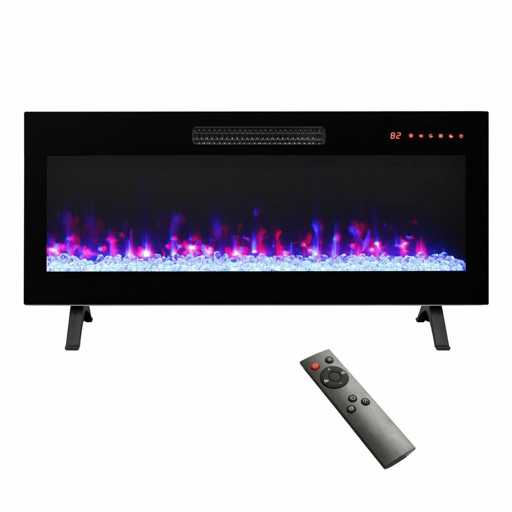 Front. RYHNUYNE - 36 Inch Recessed Ultra Thin Tempered Glass Front Wall-Mounted Electric Fireplace with Remote - Antique Black.