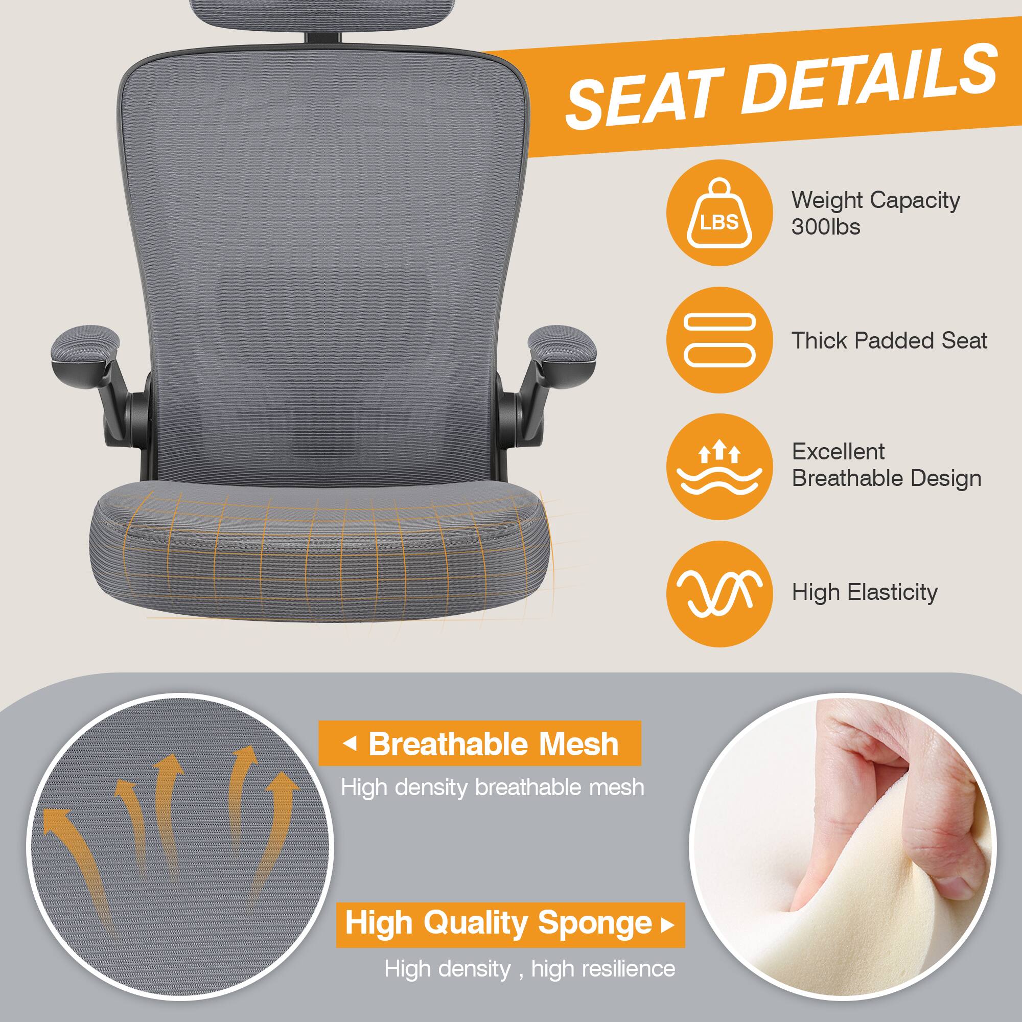 SEAT DETAILS

- Weight Capacity: 300lbs
- Thick Padded Seat
- Excellent Breathable Design
- High Elasticity

Breathable Mesh
- High density breathable mesh

High Quality Sponge
- High density, high resilience