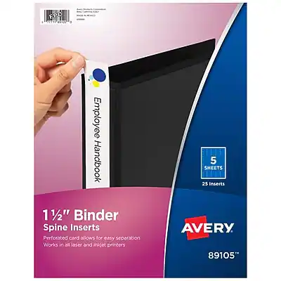 FPO 7111
Employee Handbook
1½" Binder Spine Inserts
Perforated card allows for easy separation
Works in all laser and inkjet printers
5 SHEETS
25 Inserts
AVERY
89105"