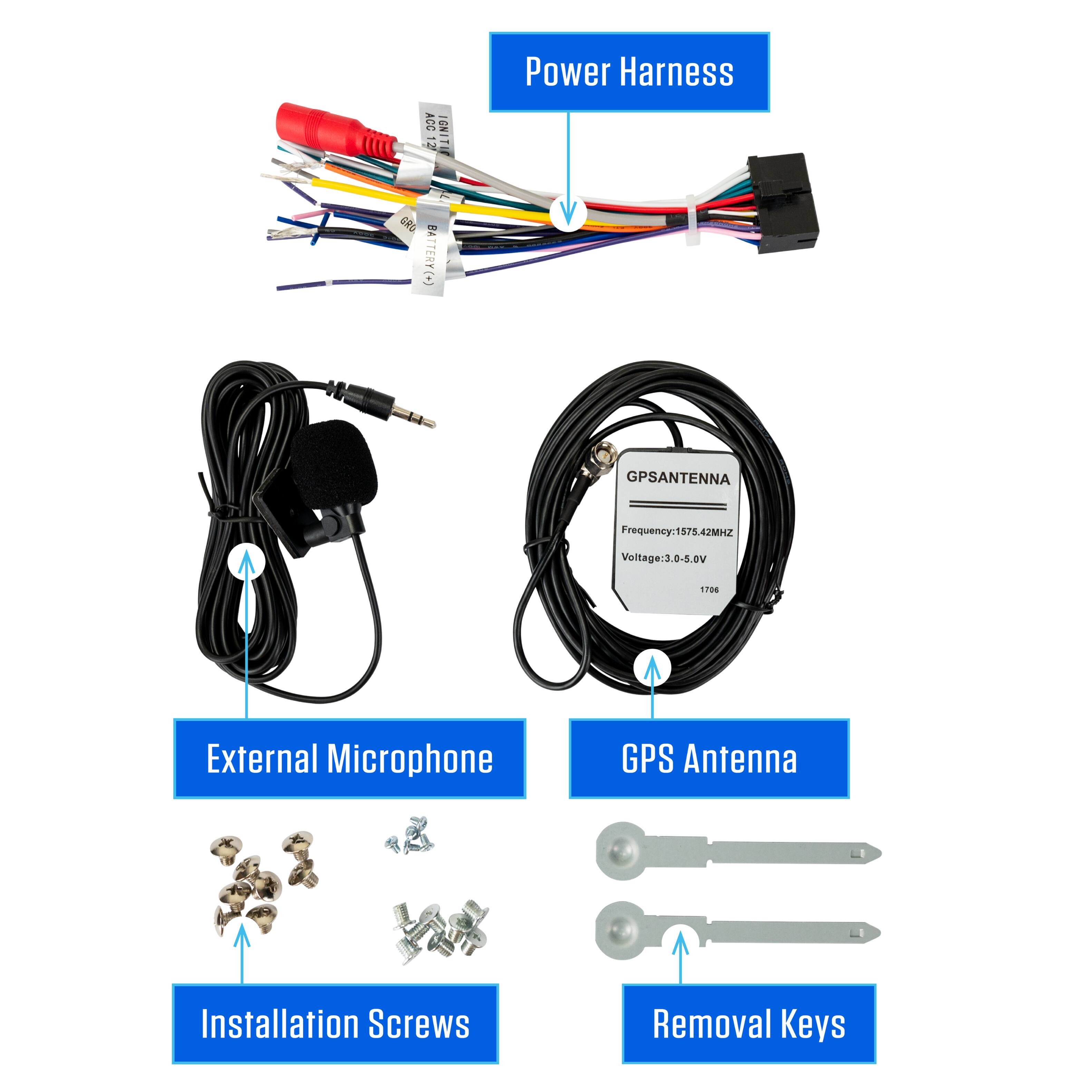 ACC i ONITE Power Harness  
BATTERY(+)  
GPS ANTENNA  
Frequency: 1575.42MHz  
Voltage: 3.0-5.0V  
1.706  
External Microphone  
GPS Antenna Installation Screws  
Removal Keys