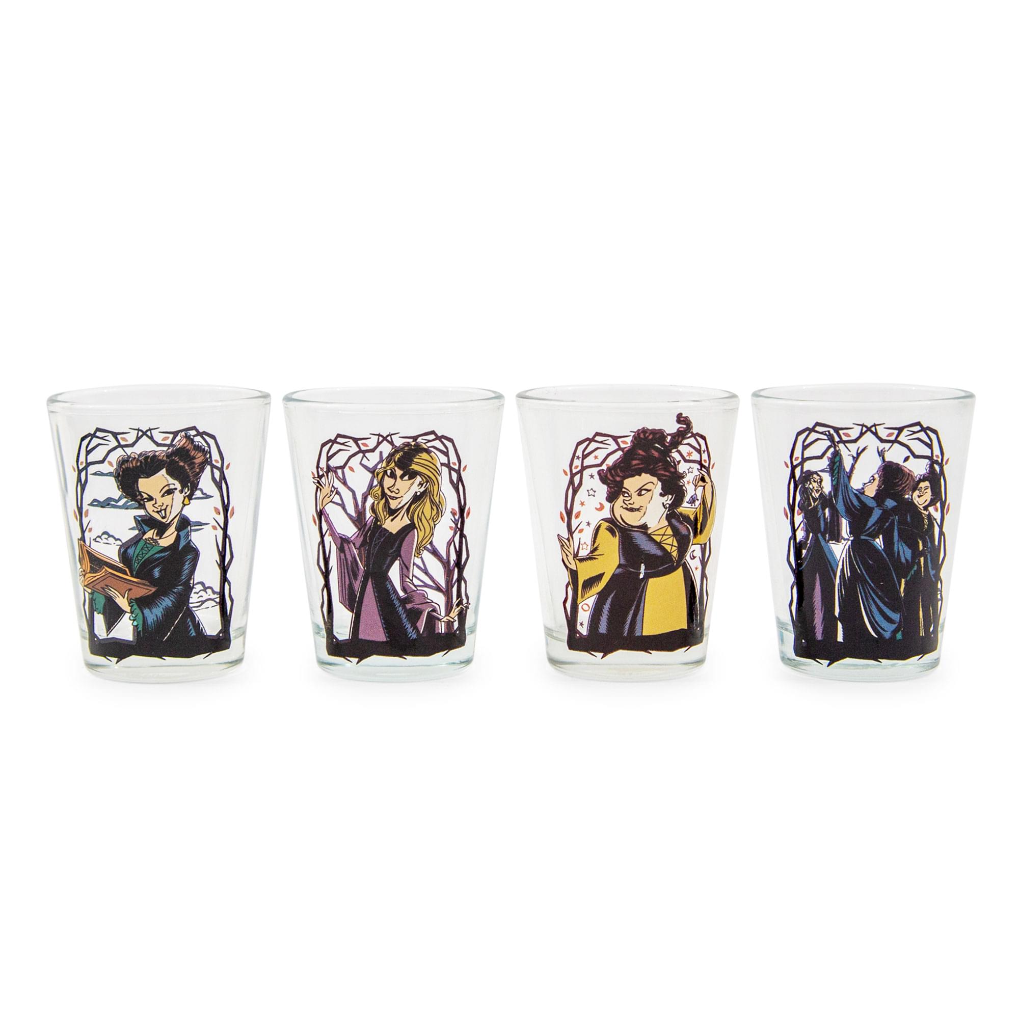 Front. Silver Buffalo - Disney Hocus Pocus Sanderson Sisters Portraits 2-Ounce Shot Glasses | Set of 4 - Black.