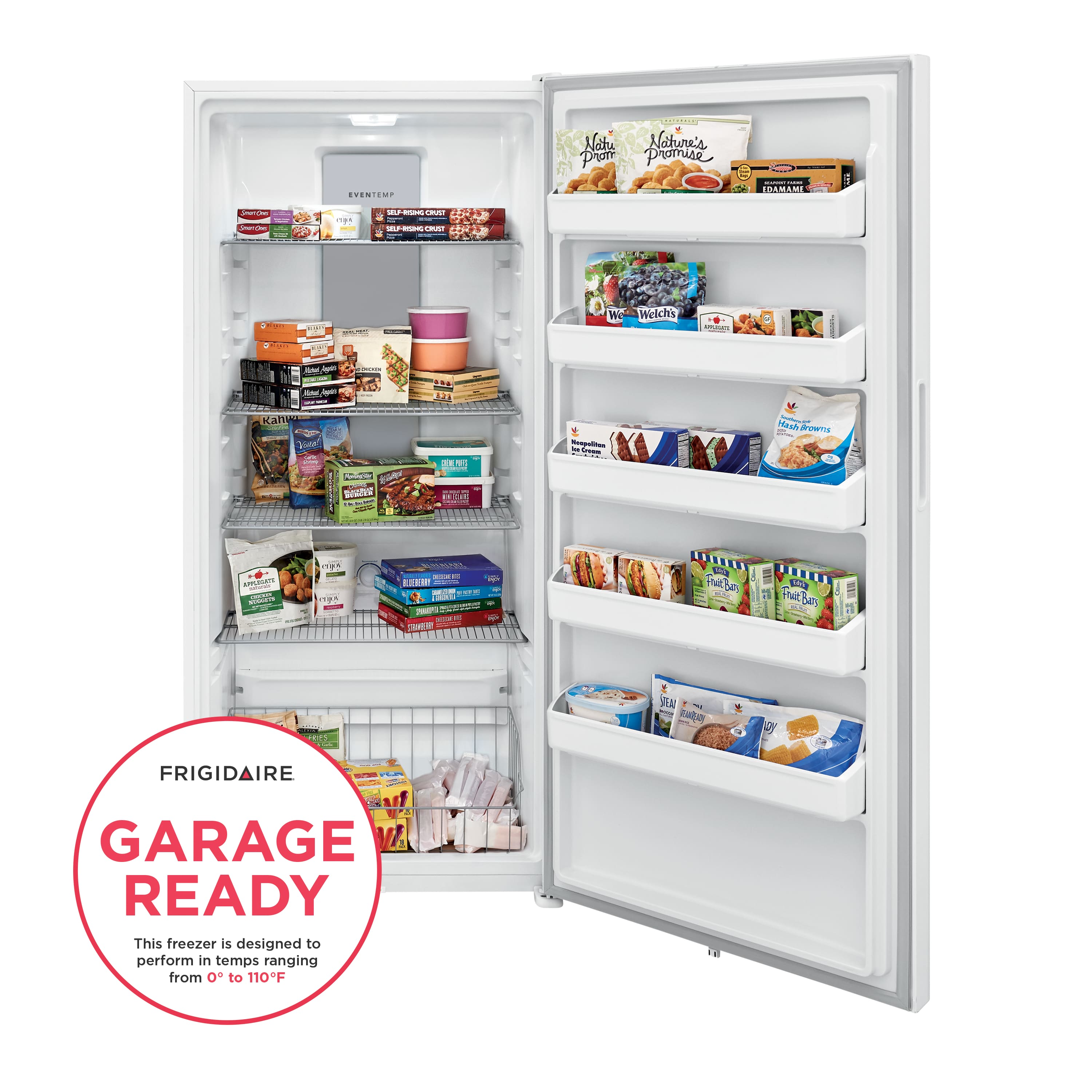 The image features a white Frigidaire refrigerator with its door open, revealing a well-stocked interior. The refrigerator is filled with various food items, including multiple bottles, a bowl, and a cup. The refrigerator is designed to perform in temperatures ranging from 0 to 110 degrees Fahrenheit, making it suitable for use in a garage setting. The image showcases the convenience and functionality of the Frigidaire Garage Ready refrigerator, which is ready to store and preserve food items in a garage environment.