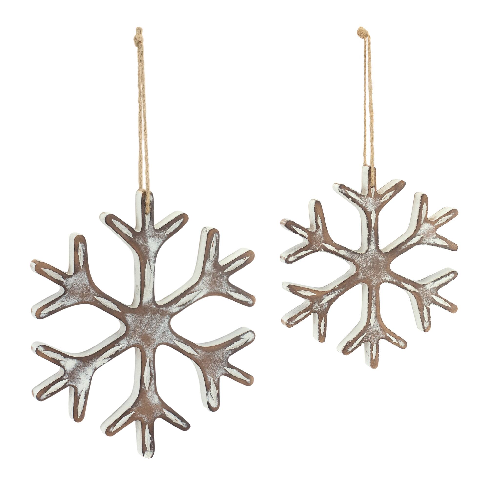 Left. BreeBe - Wooden Snowflake Ornament with White Washed Finish (Set of 12) - White, Brown.