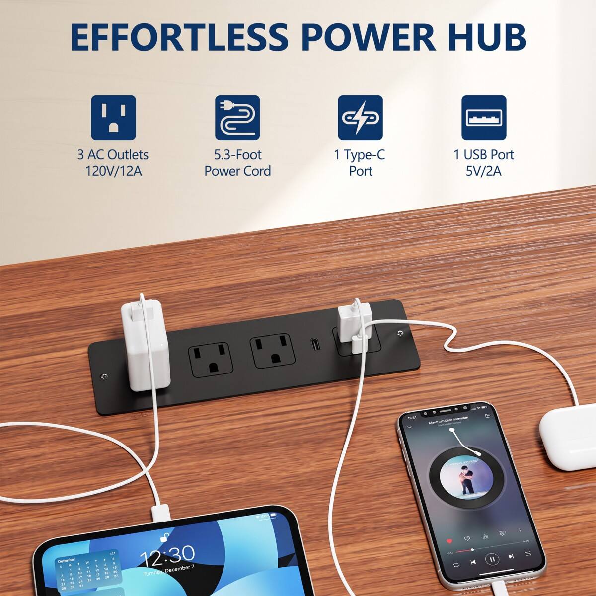 EFFORTLESS POWER HUB  
3 AC Outlets 120V/12A  
5.3-Foot Power Cord  
1 Type-C Port  
1 USB Port 5V/2A  

MONGER  
20 12:30  
December 1, 2018  
Tuesday, December 7