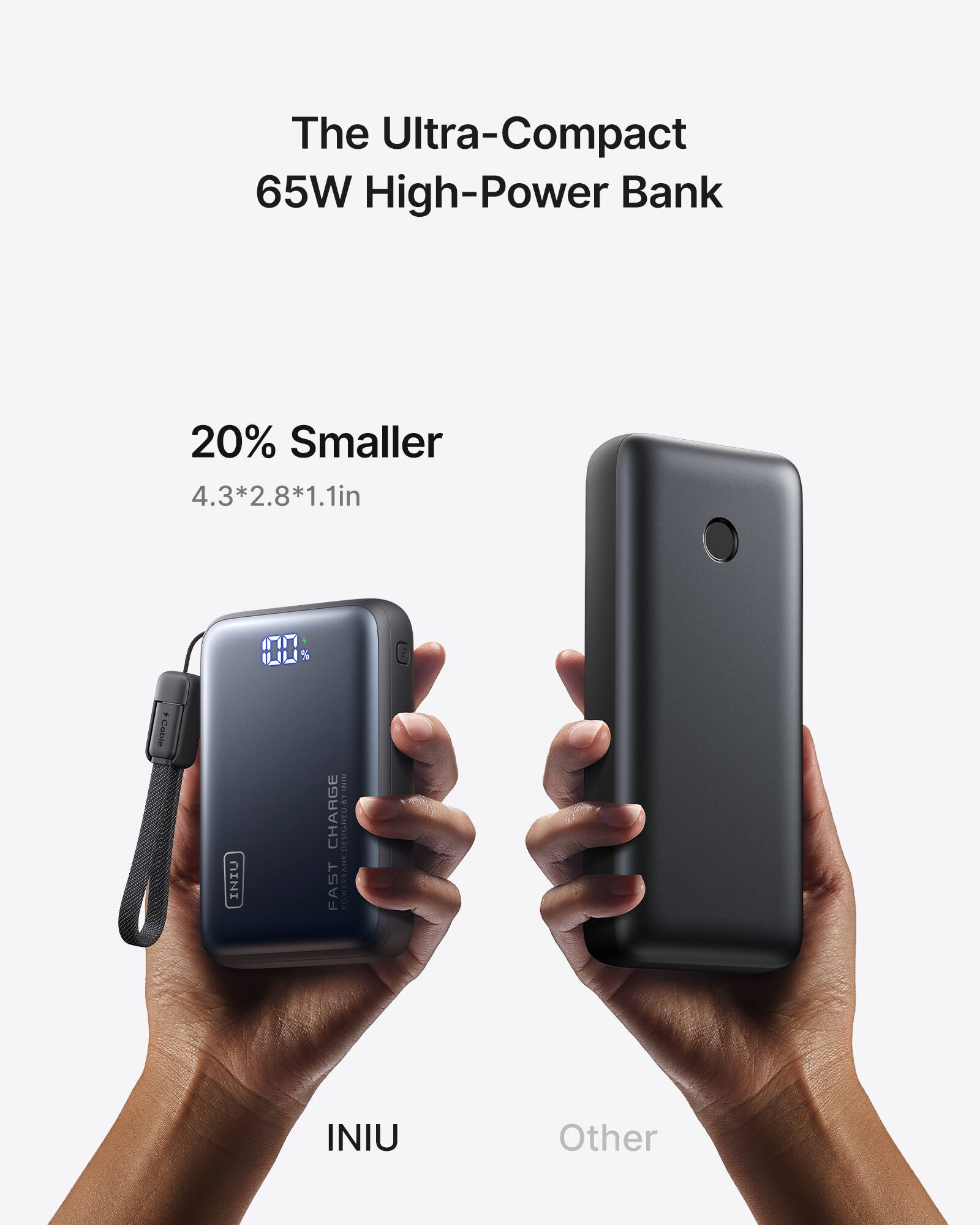 The Ultra-Compact 65W High-Power Bank  
20% Smaller  
4.3*2.8*1.1in  
INIU  
FAST CHARGE  
Other