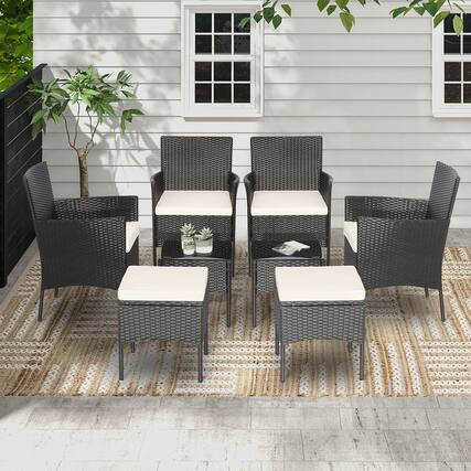 Front. Gymax - Gymax 8PCS Outdoor Conversation Furniture Set Patio PE Rattan Sofa Set w/ Tables & Ottoman - Off White.