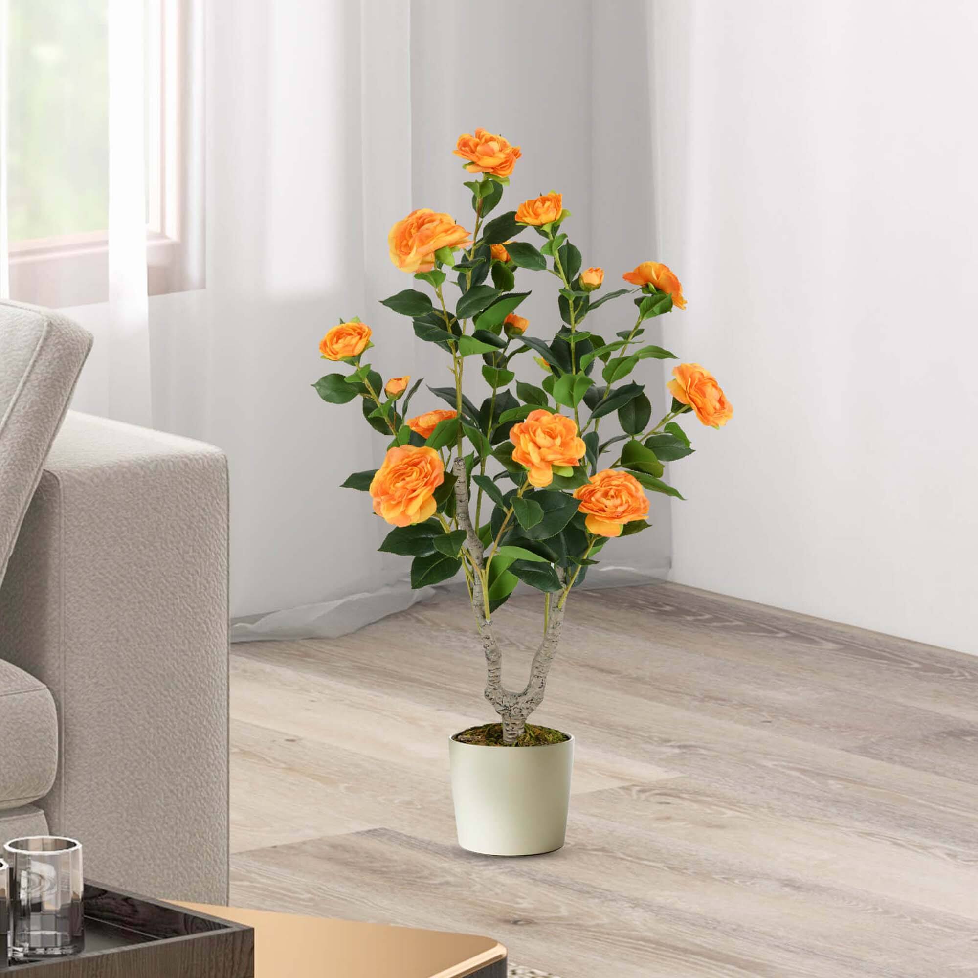 Alt View 1. Costway - Costway 1 PCS 36" Artificial Camellia Tree Fake Potted Tree Greenery Floral Plant Modern Orange - Orange.
