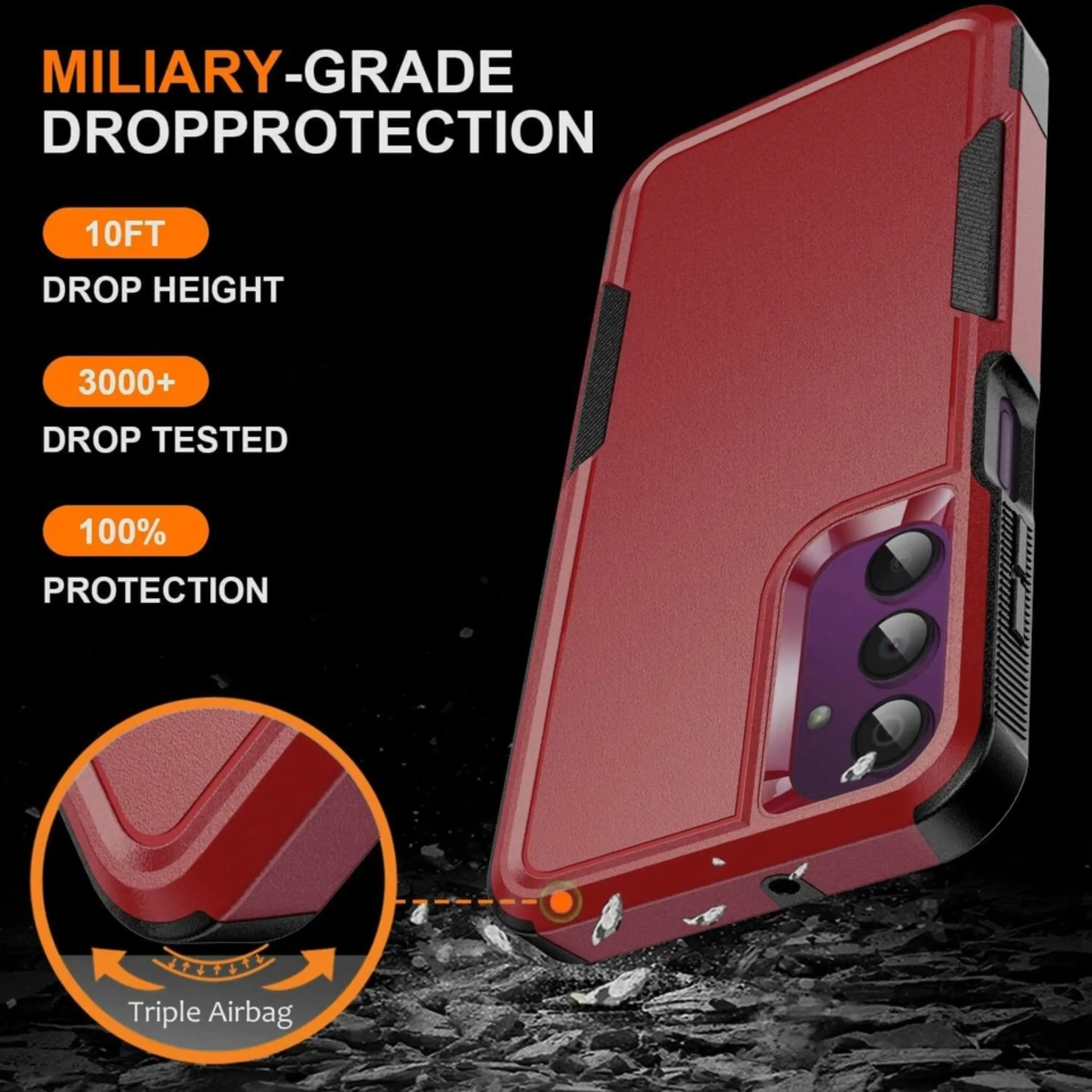 MILITARY-GRADE DROPPROTECTION  
10FT DROP HEIGHT  
3000+ DROP TESTED  
100% PROTECTION  
Triple Airbag
