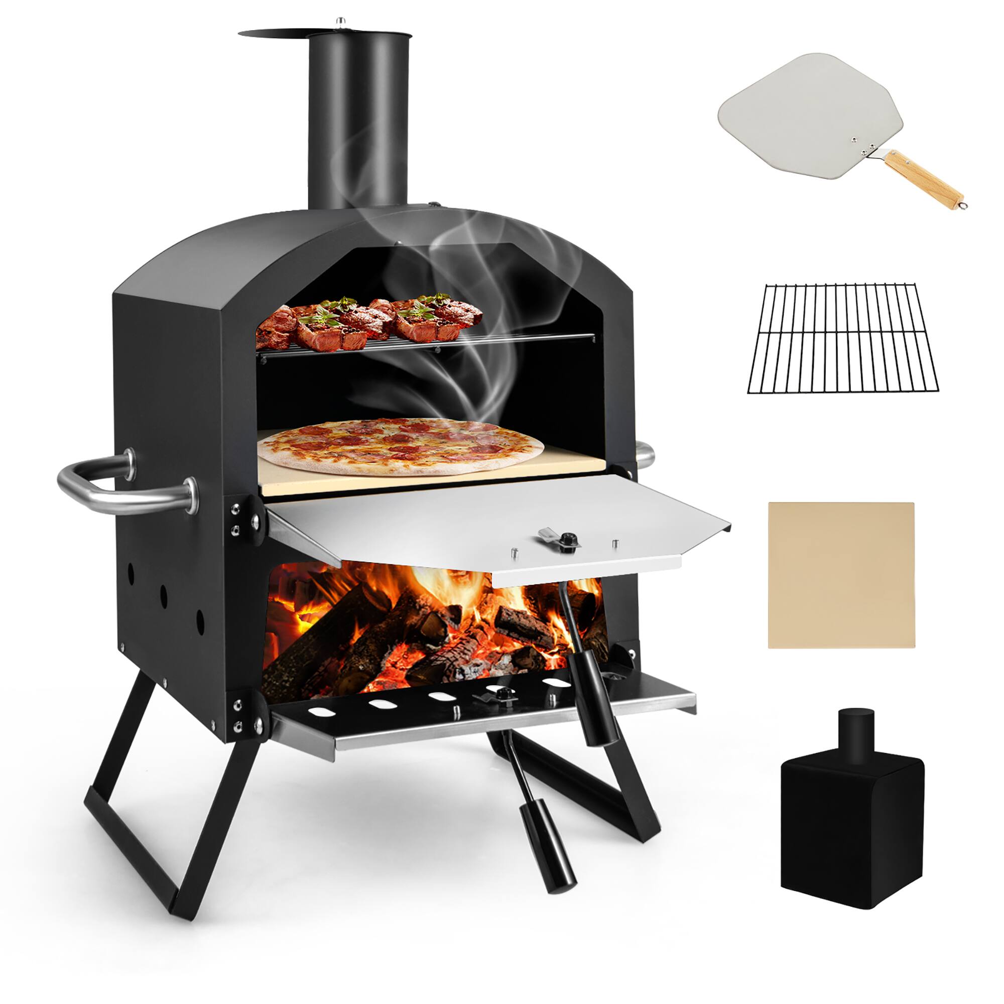Costway - 2-Layer Pizza Oven Wood Fired Pizza Grill Outside Pizza Maker with Waterproof Cover - Black + Silver