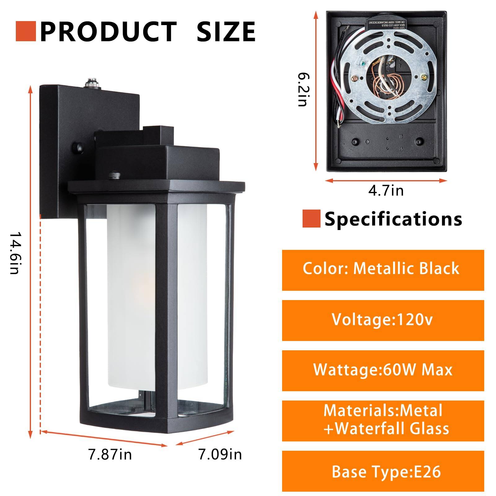 **PRODUCT SIZE**

- 14.6in
- 6.2in
- 4.7in
- 7.87in
- 7.09in

**Specifications**

- Color: Metallic Black
- Voltage: 120v
- Wattage: 60W Max
- Materials: Metal + Waterfall Glass
- Base Type: E26