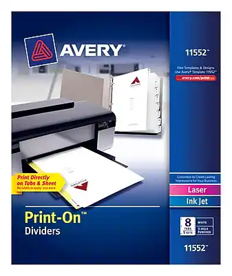 AVERY 11552
Free Templates & Designs
Use Avery Template 19552*
Print Directly on Tabs & Sheet
Print-On™ Dividers
Laser Ink Jet
8 WHITE TABS
3 MOLE TIP PUNCHES
11552