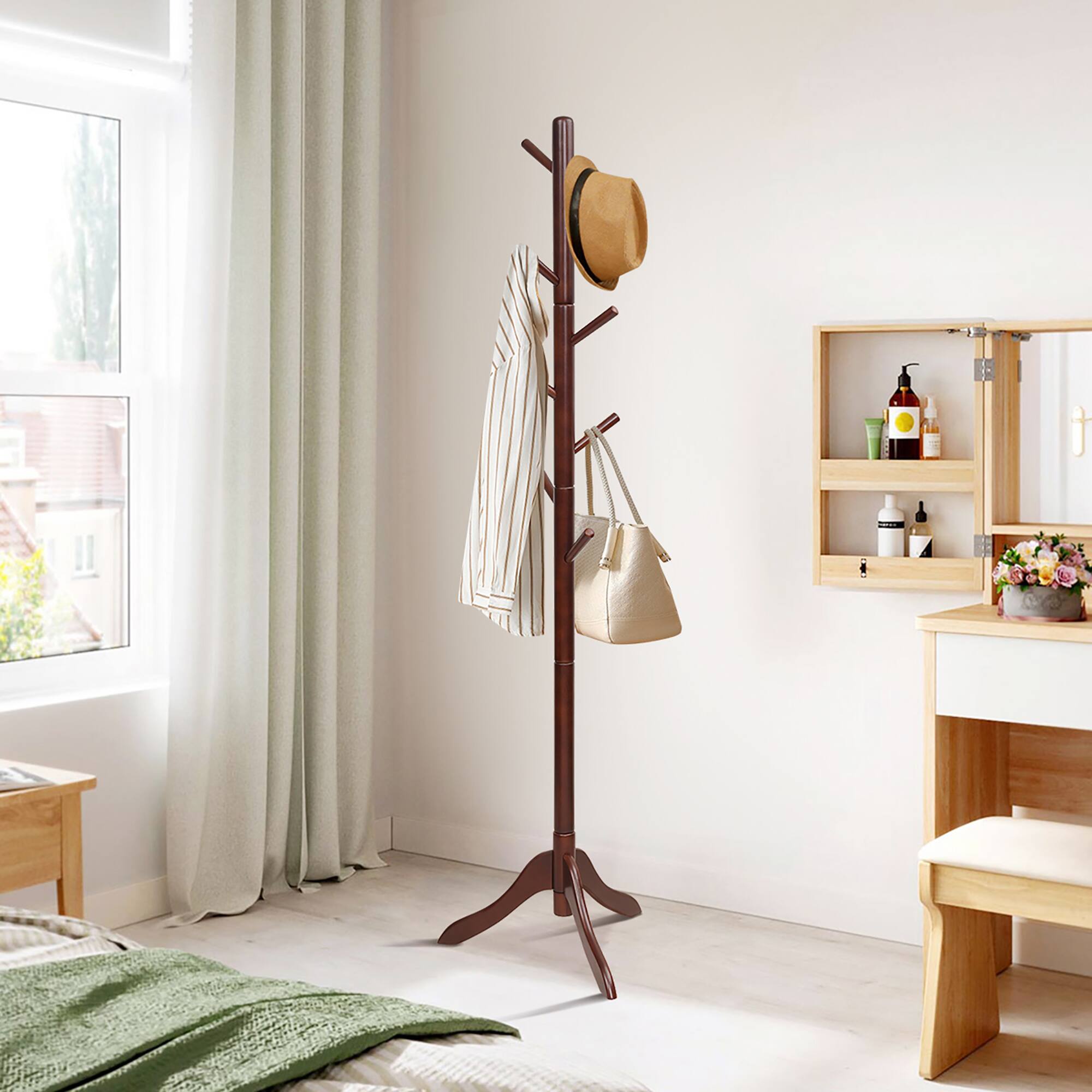 Alt View 1. Costway - Costway Wooden Coat Rack Stand Entryway Hall Tree 2 Adjustable Height w/ 8 Hooks - Brown.