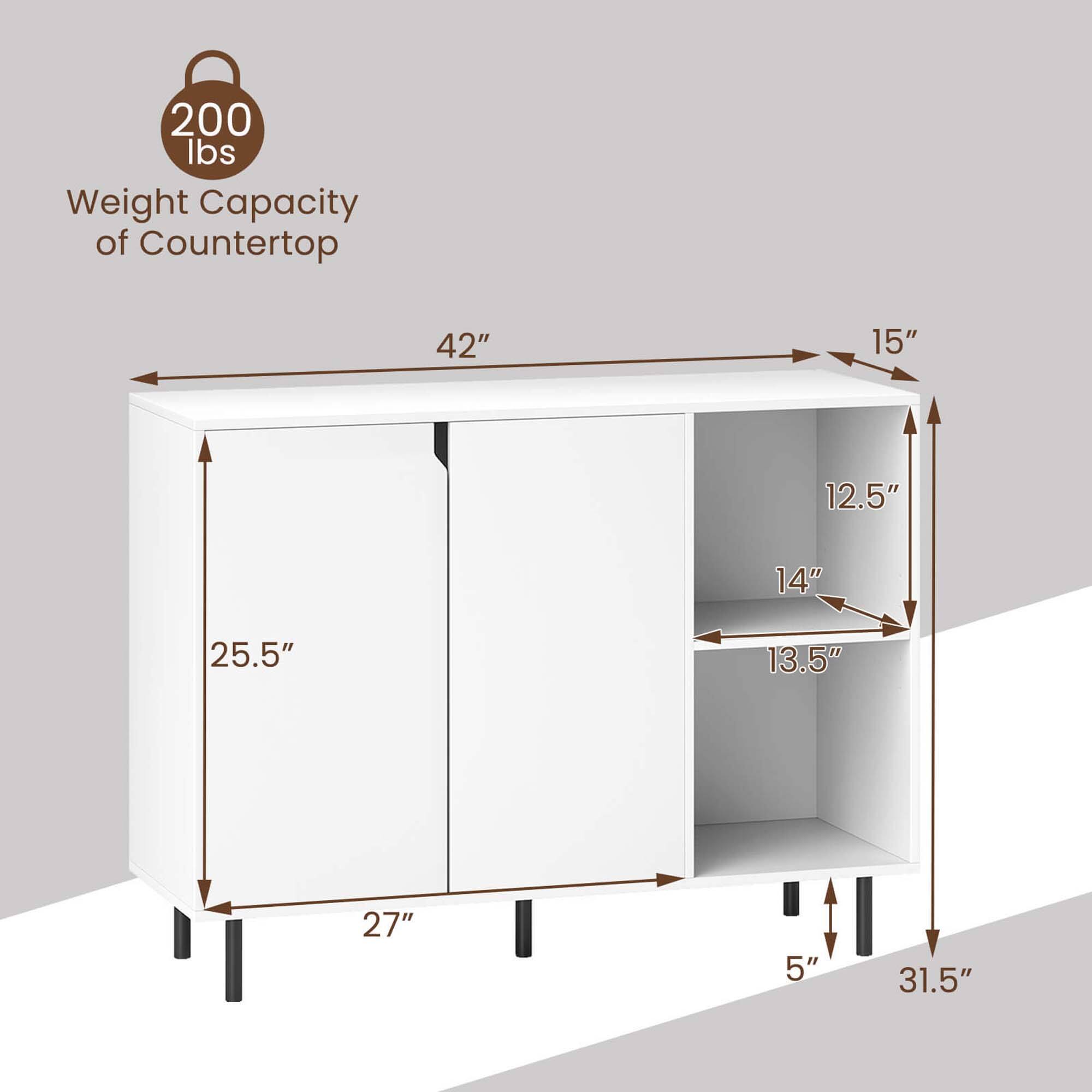 The image shows a white cabinet with a weight capacity of 200 lbs. The cabinet is designed to be used as a countertop, and it has dimensions of 42 inches in length, 15 inches in width, and 12.5 inches in height. The cabinet also has a 14-inch depth, and it is accompanied by a 25.5-inch height measurement. The cabinet is made to be sturdy and durable, making it suitable for various uses in the home or office.