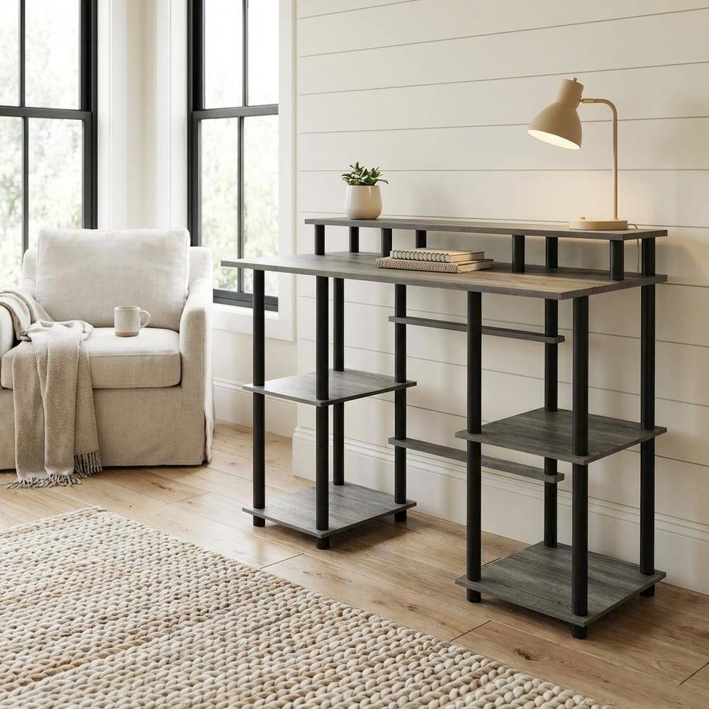 Left. BisonOffice - Grey Computer Desk With Top Shelf And Sleek Modern Design For Home Office Use - French Oak Grey/Black.
