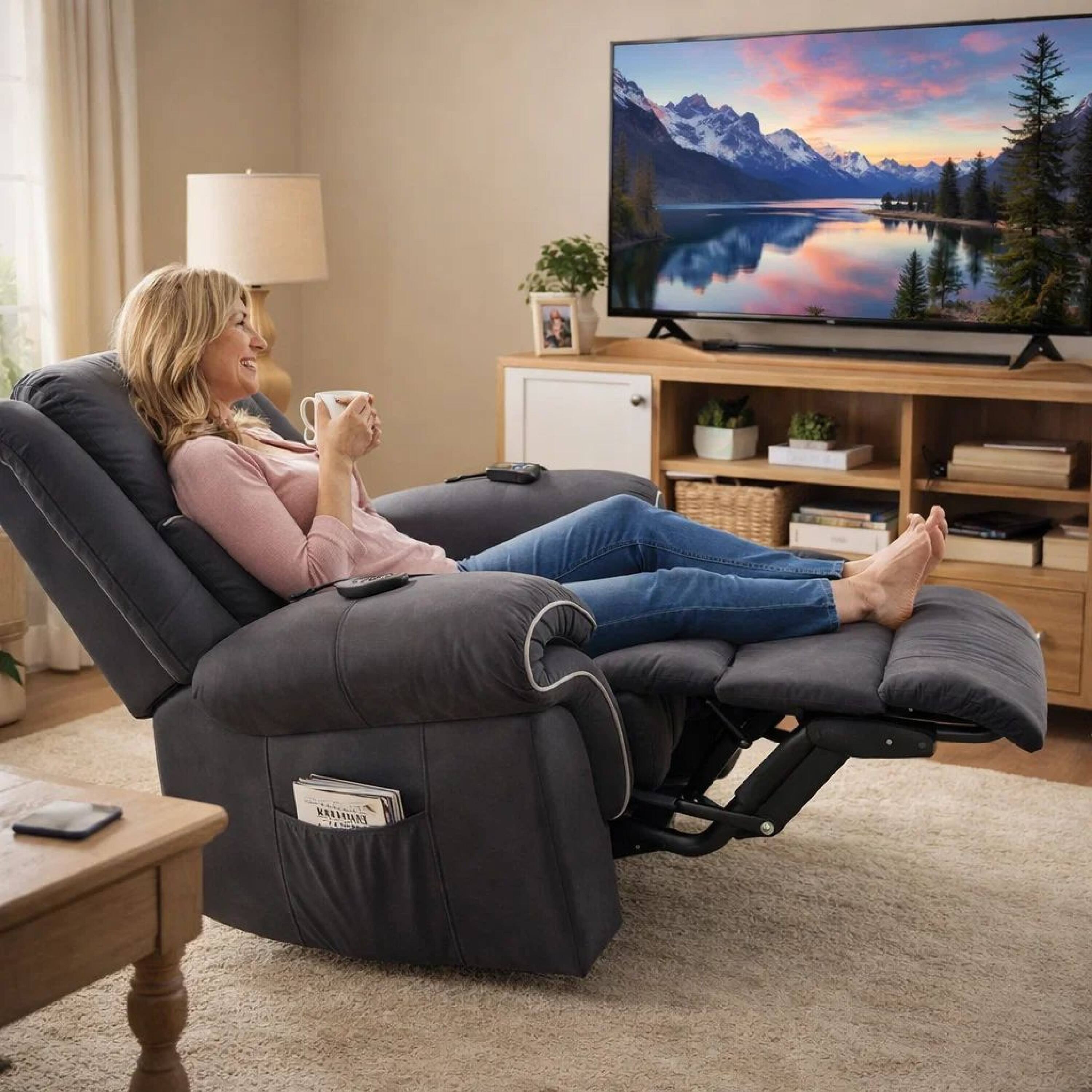 Alt View 2. Manhattan Lane - Seru Power Motion Lift and Recliner Chair, Heated Massage, - Dark Gray.