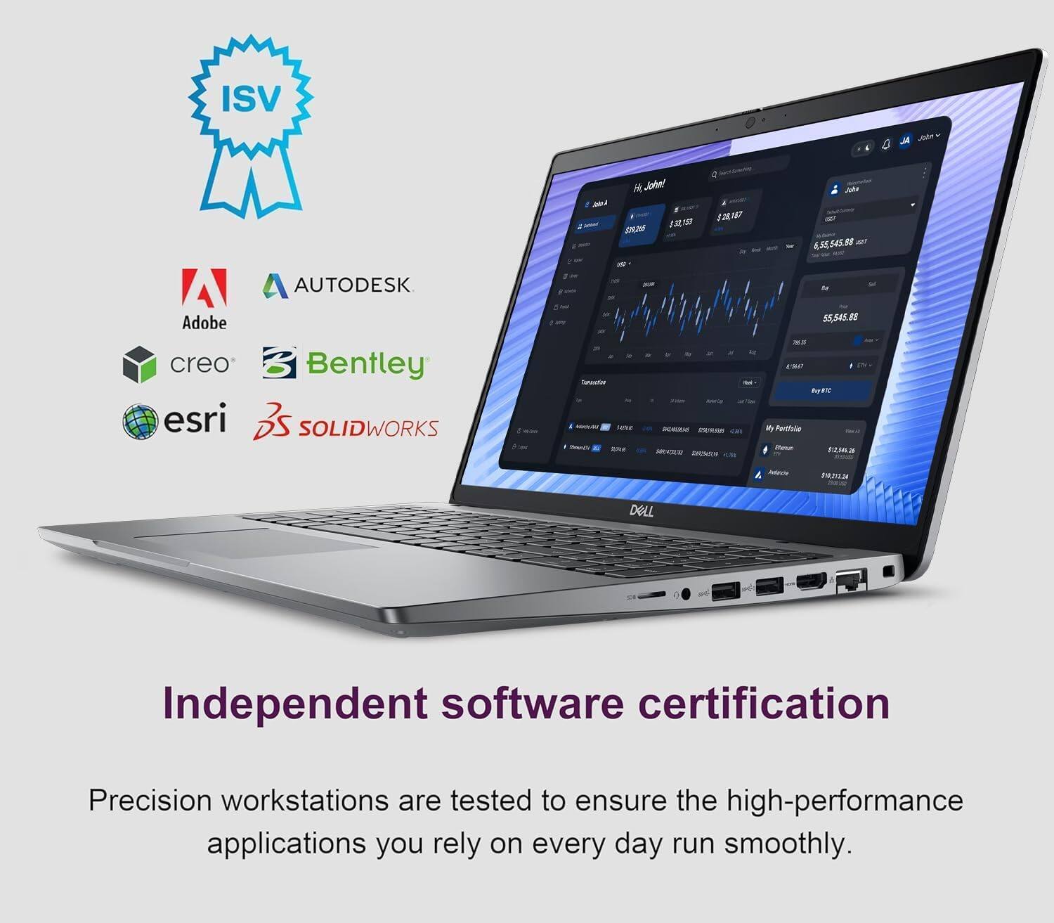 ISV M Jote   Johe! 1 J 2817  4.55,545.88 - Adobe creo esri A AUTODESK B Bentley SOLIDWORKS - - reNe a BREM IE MUS Drctaboe 55,545.88 -  M Portihla AN P24 DELL Independent software certification Precision workstations are tested to ensure the high-performance applications you rely on every day run smoothly.