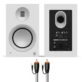 Kanto - Tuk Grand (2nd Gen) Powered Speakers Bundle with AudioQuest Jack Russell Subwoofer Cable - 4m - White