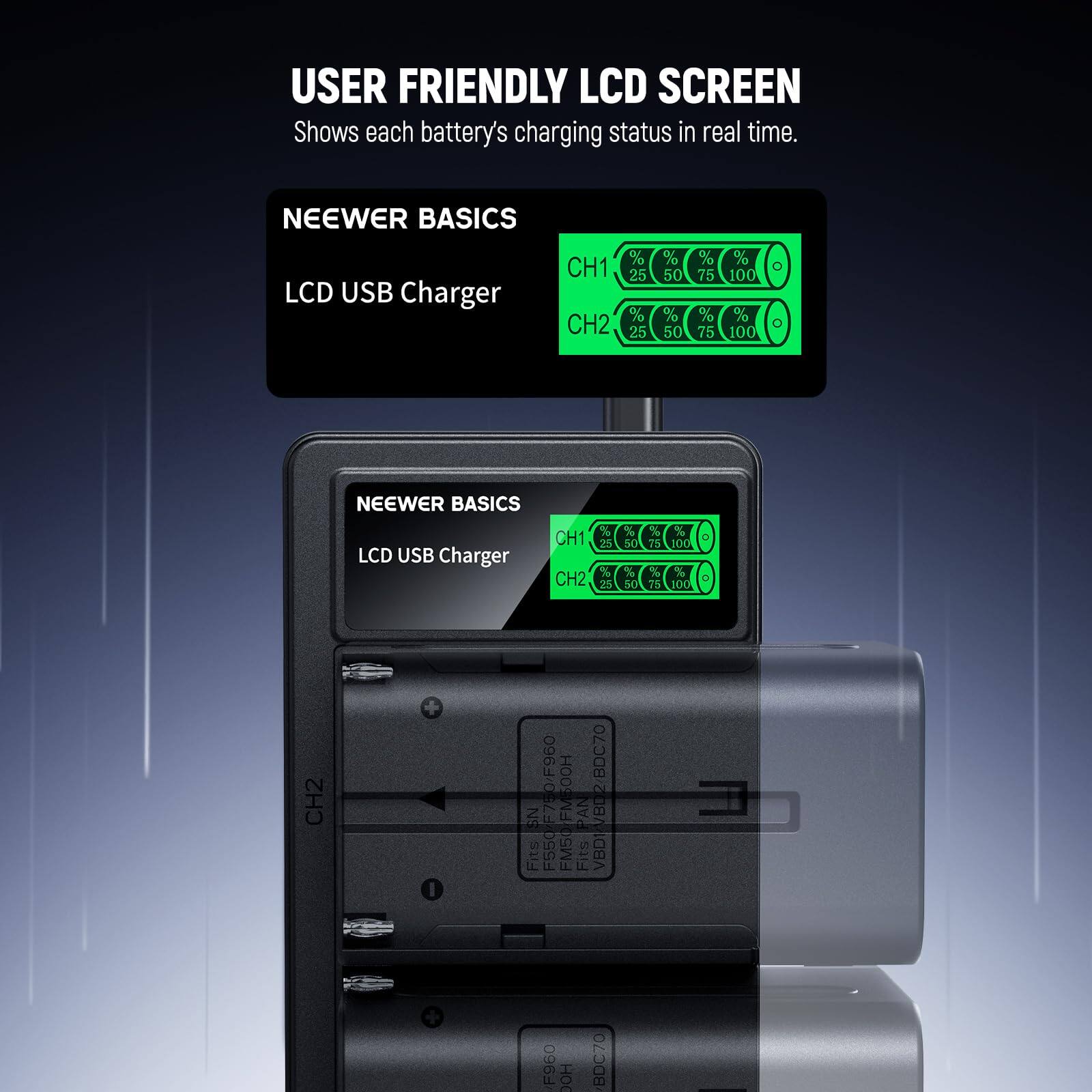 USER FRIENDLY LCD SCREEN  
Shows each battery's charging status in real time.  

NEEWER BASICS  
LCD USB Charger  

CH1  
% 25 50 75 100  

CH2  
% 25 50 75 100  

NEEWER BASICS  
LCD USB Charger  

CH1  
% 25 50 75 100  

CH2  
% 25 50 75 100  

Fits:  
F960  
DOH  
BDC70  

SN: F750/F960  
FM50FFM500H  
PAN VBD1//8D2/BDC70