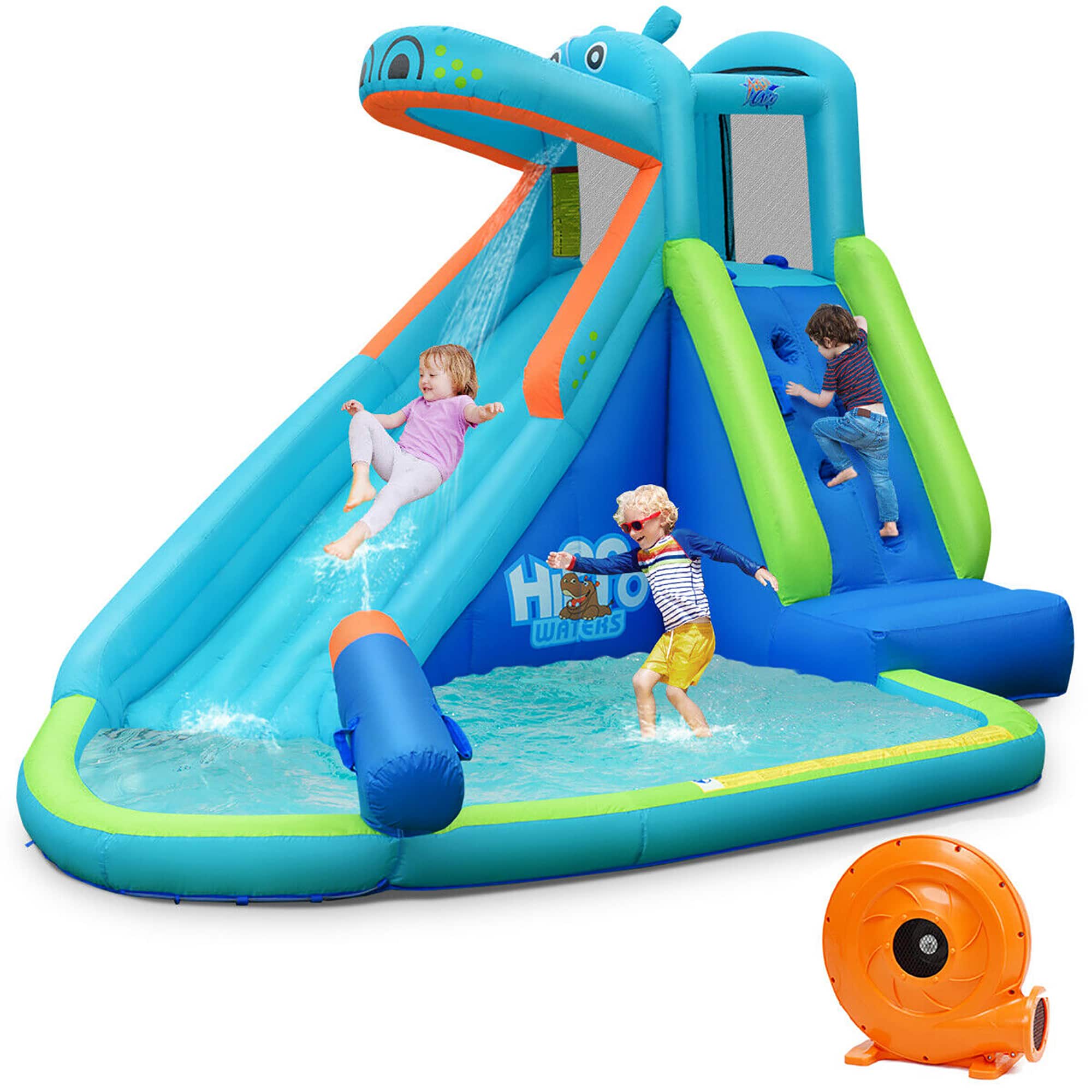 Costway - Inflatable Kids Hippo Bounce House Slide Climbing Wall Splash Pool with 740W Blower - Multicolor