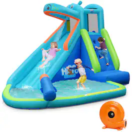 Costway - Inflatable Kids Hippo Bounce House Slide Climbing Wall Splash Pool with 740W Blower - Multicolor