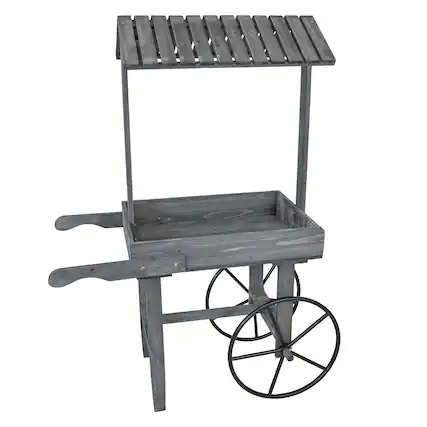 Front. Sunnydaze - Rustic, Vintage Flower Cart Display Stand with Wheels - Gray.