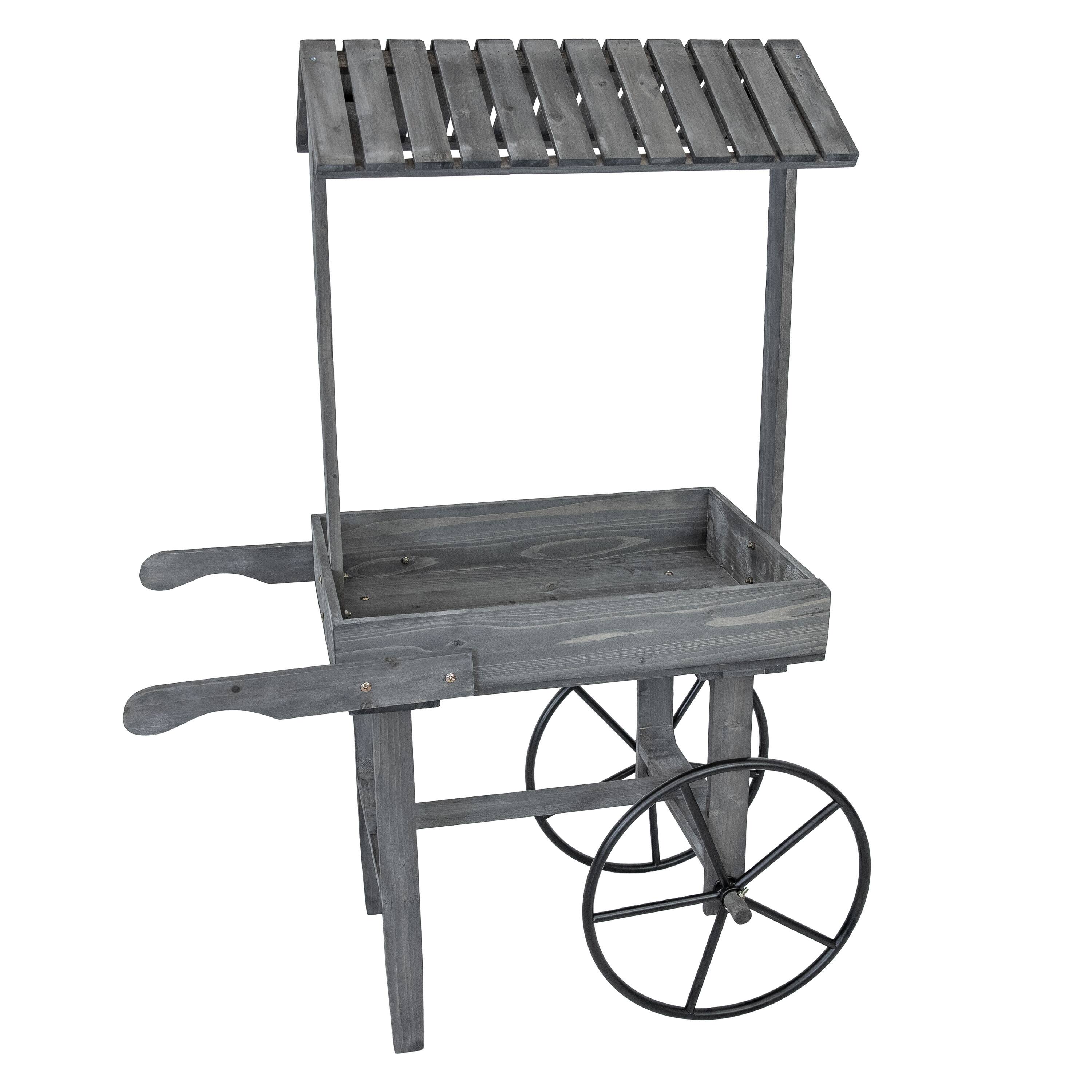 Front. Sunnydaze - Rustic, Vintage Flower Cart Display Stand with Wheels - Gray.
