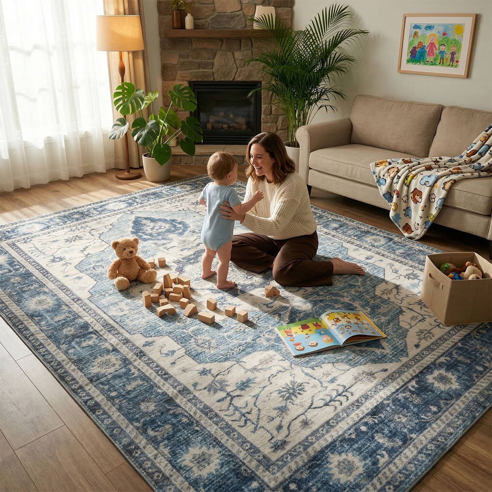 Alt View 1. RYHNUYNE - 8x10 Area Rugs Living Room Rug, Washable Vintage Medallion Rug, Soft Carpet for Dining Room Bedroom Home Office(Blue) - Blue.