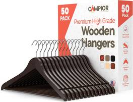 Campior - Wooden Hangers – 50-Pack, 360° Swivel Hook, Non-Slip, Pants Bar, Grooves, Space-Saving & Smooth Finish - Black