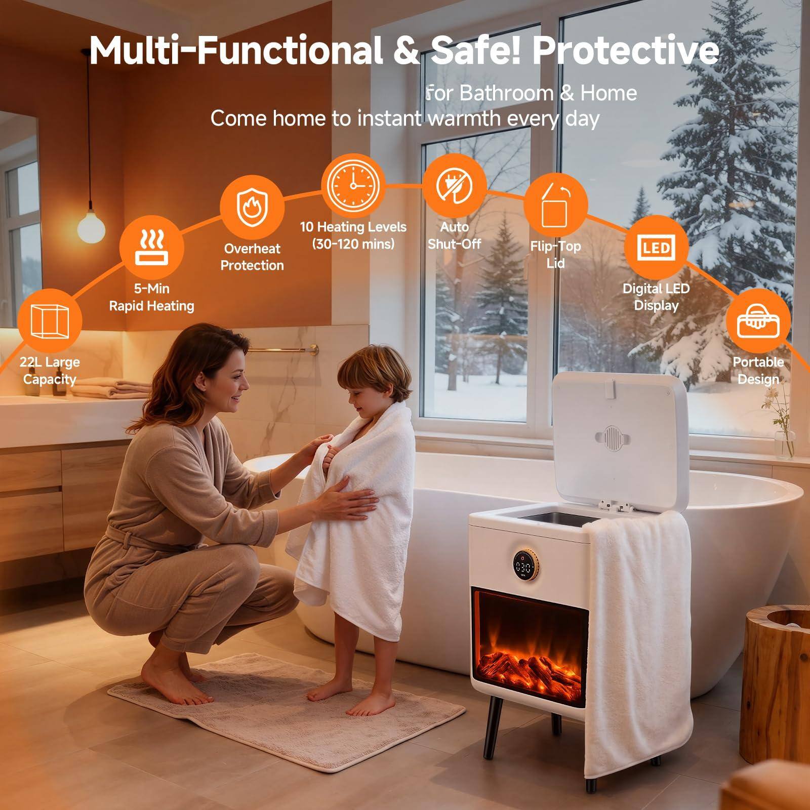 Multi-Functional & Safe! Protective for Bathroom & Home  
Come home to instant warmth every day  

- 5-Min Rapid Heating  
- Overheat Protection  
- 10 Heating Levels (30-120 mins)  
- Auto Shut-Off  
- Flip-Top Lid  
- LED Digital Display  
- 22L Large Capacity  
- Portable Design