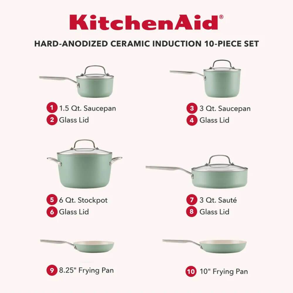KitchenAid HARD-ANODIZED CERAMIC INDUCTION 10-PIECE SET

1. 1.5 Qt. Saucepan
2. Glass Lid
3. 3 Qt. Saucepan
4. Glass Lid
5. 6 Qt. Stockpot
6. Glass Lid
7. 3 Qt. Sauté
8. Glass Lid
9. 8.25" Frying Pan
10. 10" Frying Pan