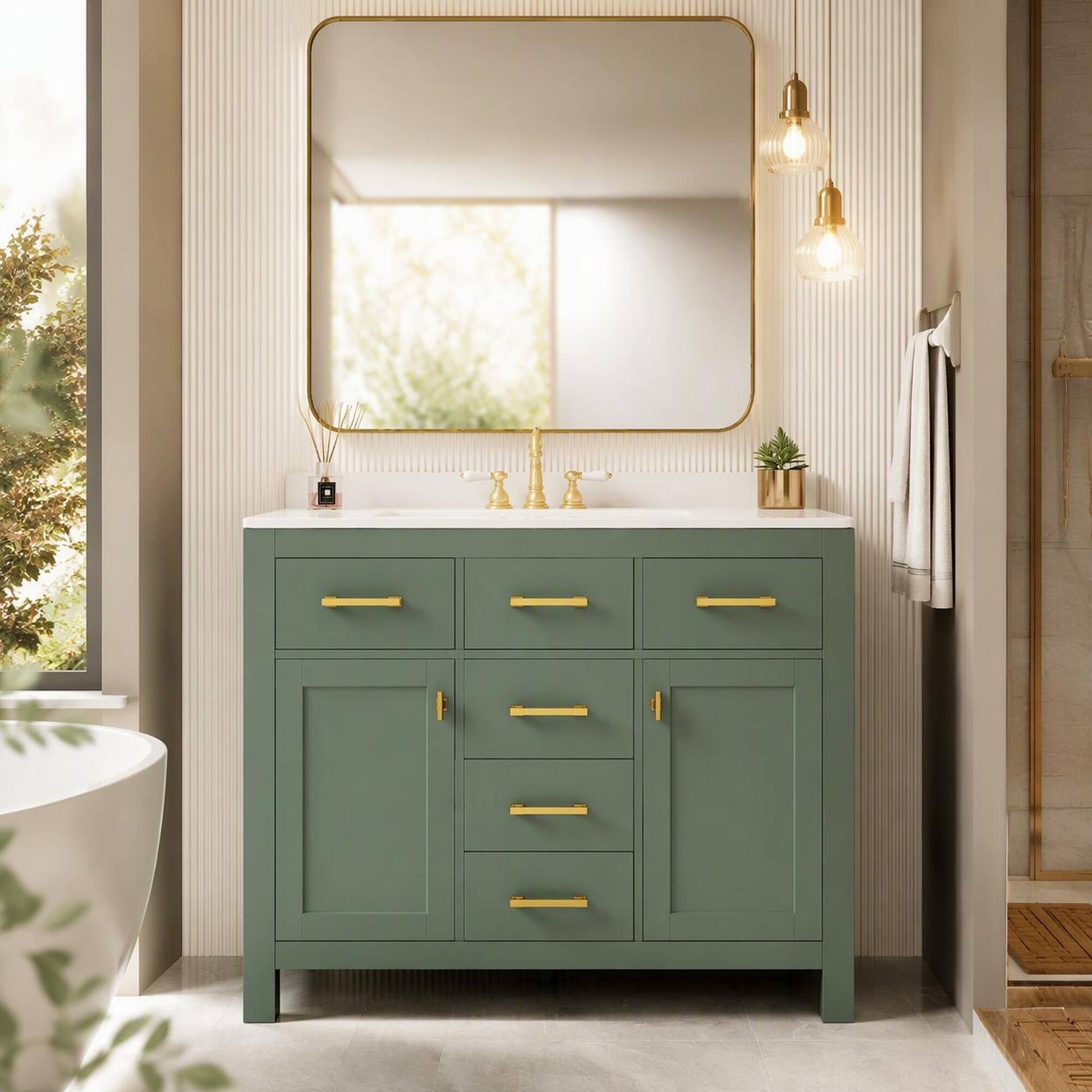 Front. RYHNUYNE - Green 36 Inch Freestanding Bathroom Vanity with Ceramic Sink and 4 Drawers plus 2 Cabinets - Green.