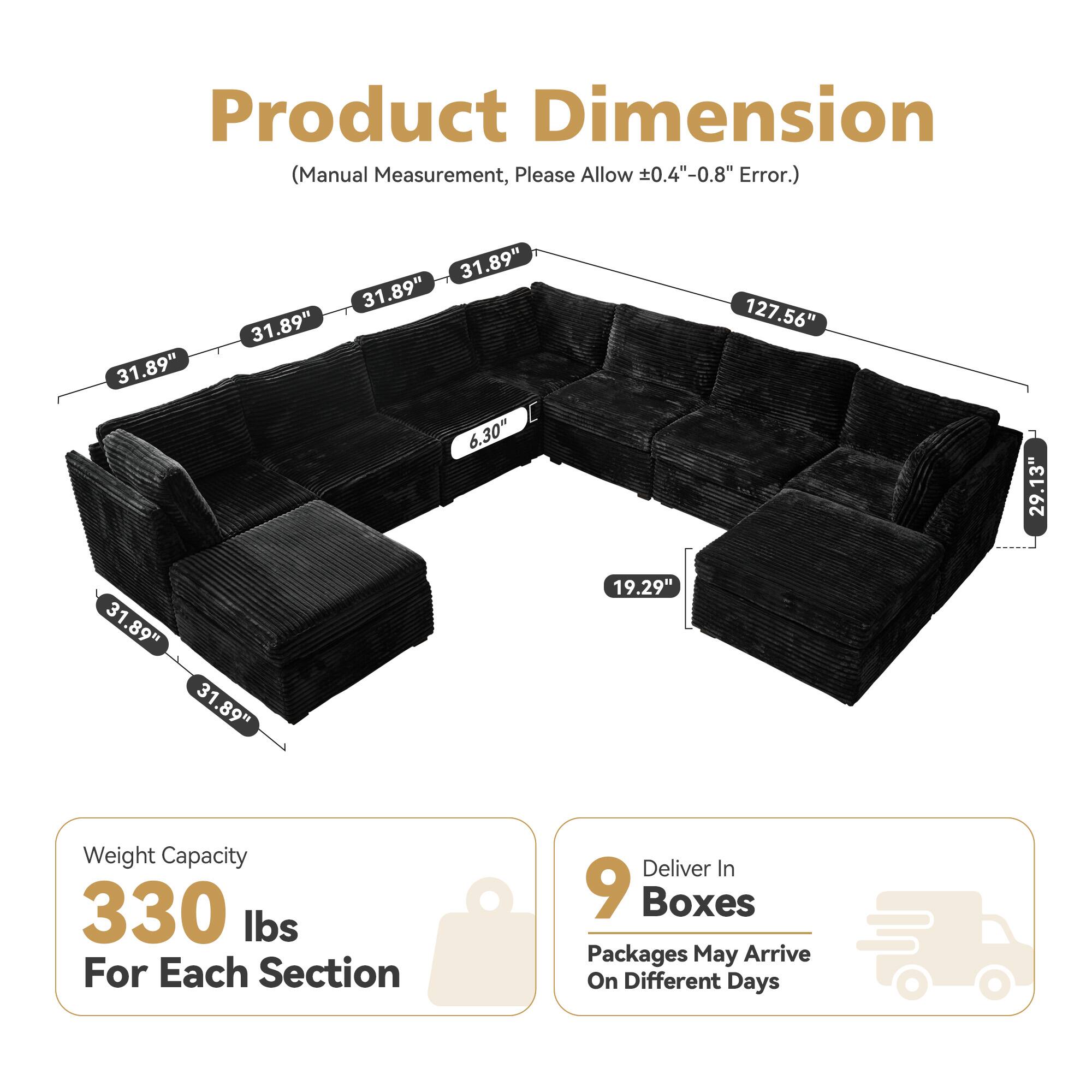Product Dimension (Manual Measurement, Please Allow 0.4"-0.8" Error.)

- 31.89"
- 31.89"
- 31.89"
- 31.89"
- 6.30"
- 127.56"
- 29.13"
- 31.89"
- 31.89"
- 19.29"

Weight Capacity: 330 lbs For Each Section

Deliver In 9 Boxes
Packages May Arrive On Different Days