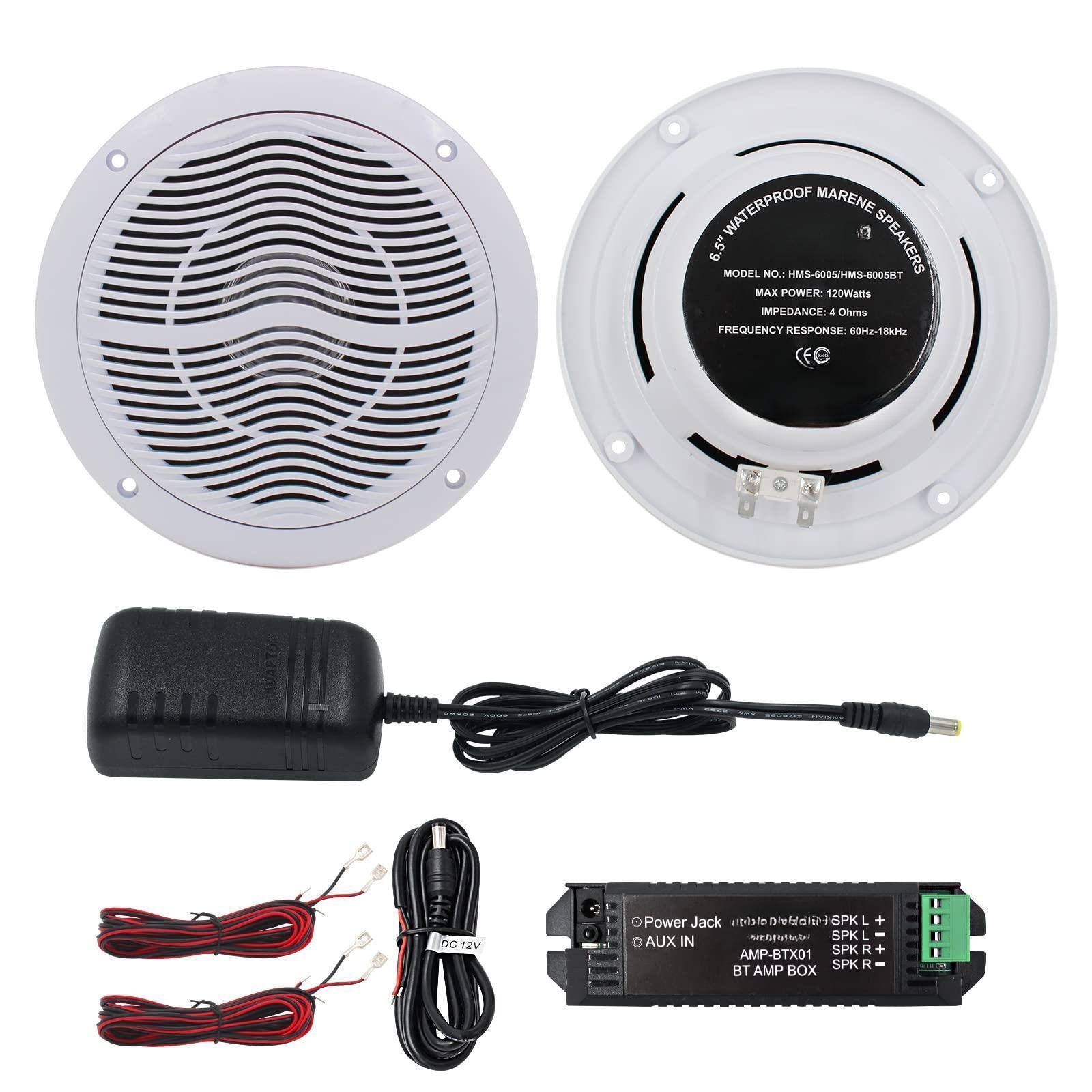 **Waterproof Marine 6.5" Speakers**

- **Model No:** HMS-4005/HMS-6005BT
- **Max Power:** 120 Watts
- **Impedance:** 4 Ohms
- **Frequency Response:** 60Hz-18kHz
- **CE Certified**

**Power Jack:** DC 12V

**AUX IN**

**AMP-BTX01**

**BT AMP BOX**

**SPK L+ SPK L- SPK R+ SPK R-**