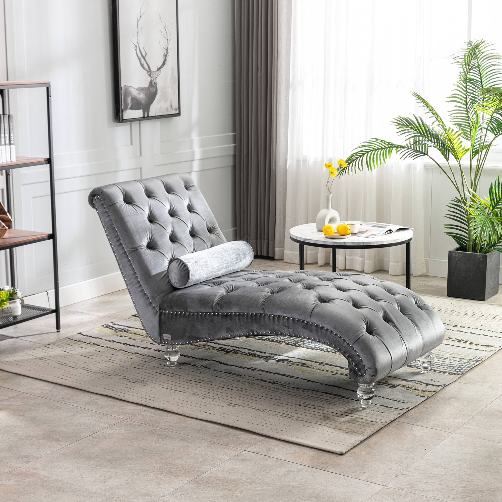 Angle. Trinkets Crazed - Velvet Indoor Chaise Lounge Chair with Toss Pillow, Upholstered Modern Tufted Button Lounge Chair with Acrylic Legs - Silver.