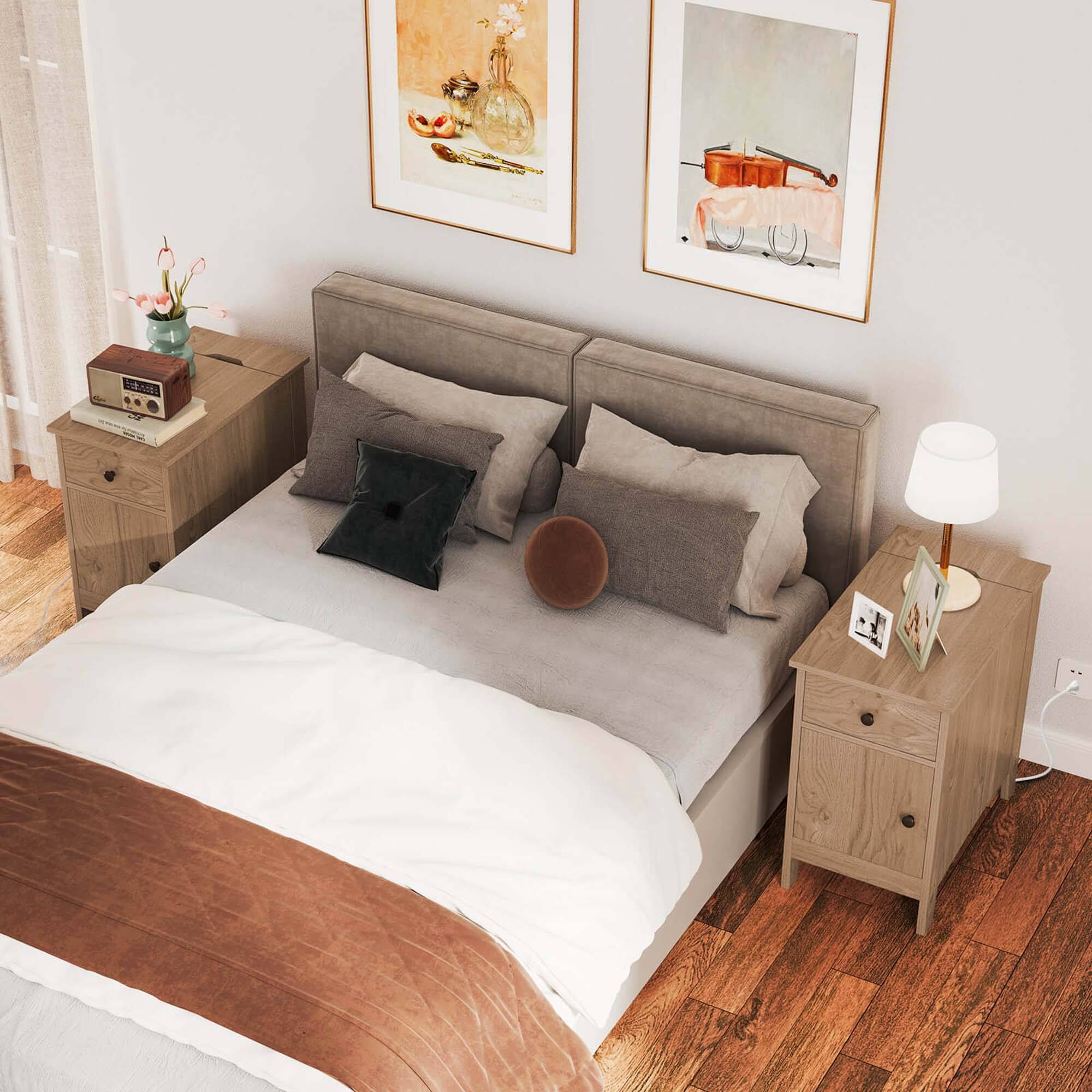 Angle. Costway - 2 PCS End Table with Charging Station Flip Top Bedside Table with USB Ports & Outlets - Natural.