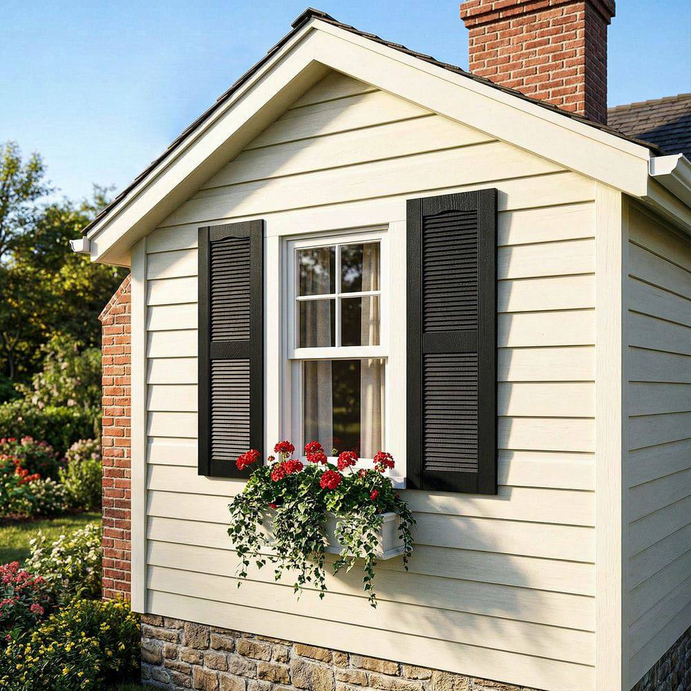 Angle. Kadyn - Decorative Faux Shutters, Sturdy, Hassle-Free Design for Indoor & Outdoor Use, 14"x31", Black - Black.