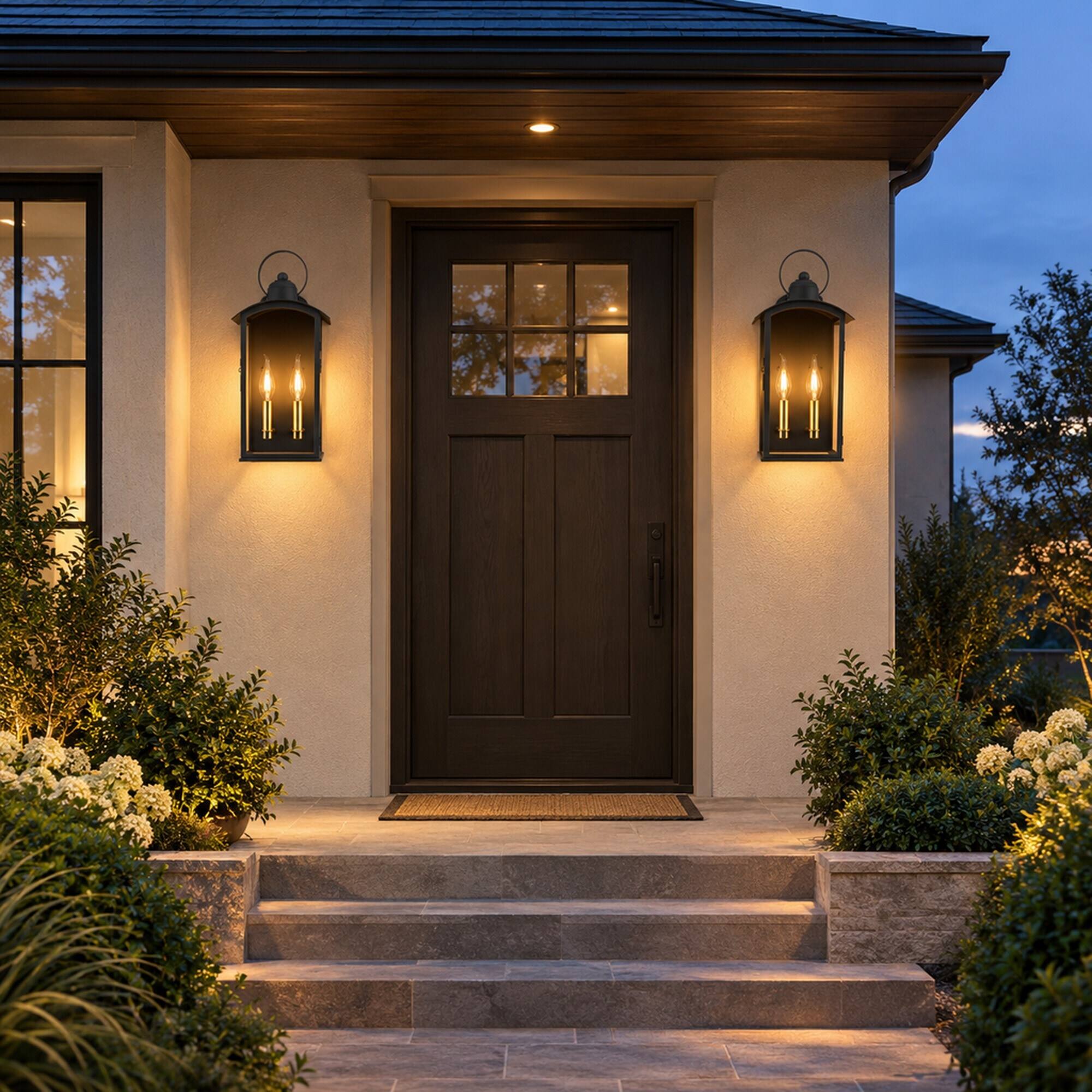 Angle. RYHNUYNE - Dusk To Dawn 19.7 In Outdoor Wall Sconce, Large Waterproof Lantern With Front-Open Window Design Matte Black - Black.