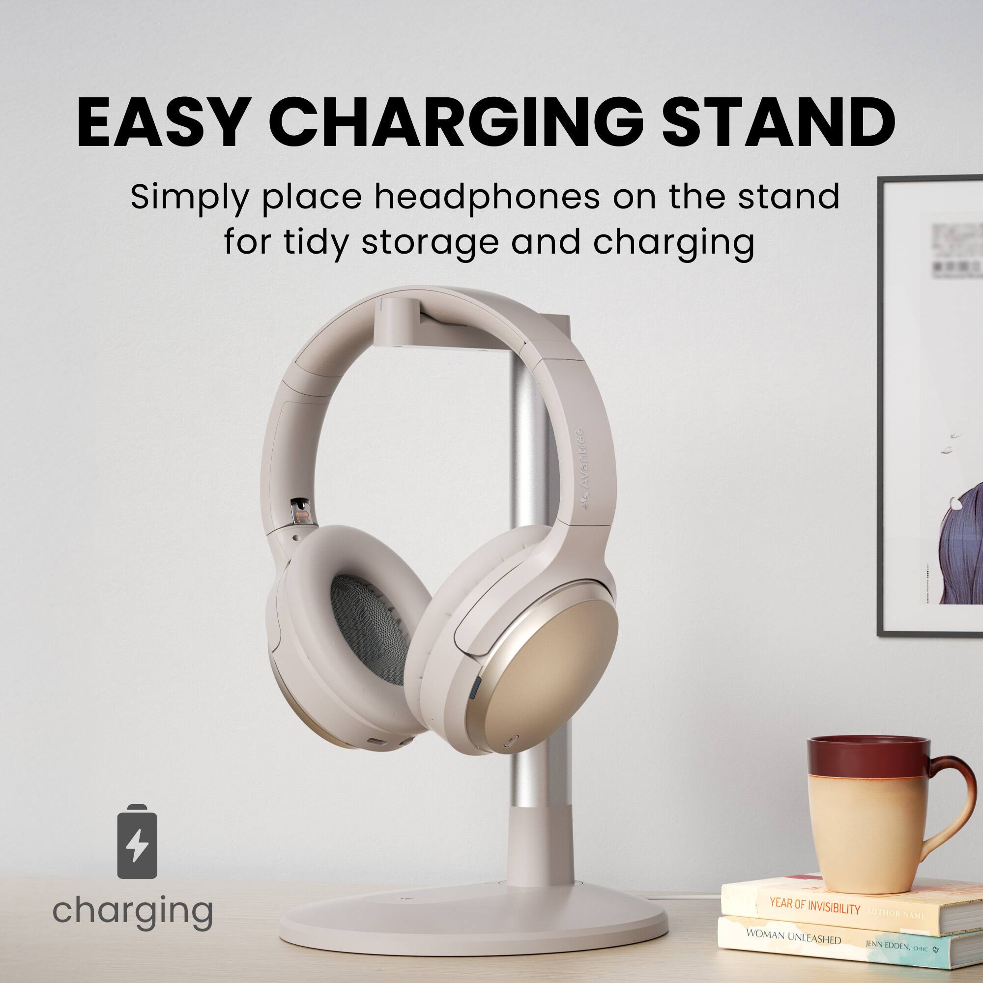 EASY CHARGING STAND  
Simply place headphones on the stand for tidy storage and charging  

charging  

YEAR OF INVISIBILITY  
AUTHOR NANA  

WOMAN UNLEASHED  
INN XN